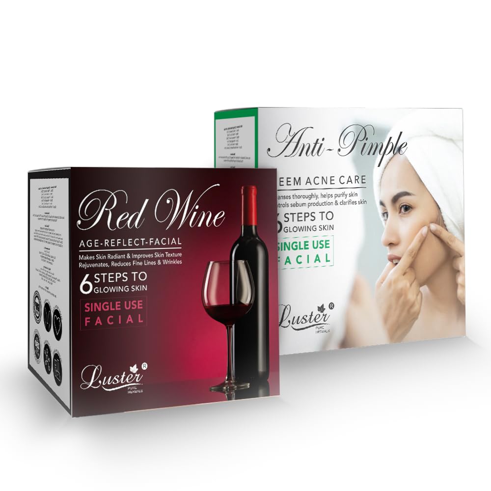 Luster Red Wine Facial Kit & Anti Acne Facial Kit | 6-Step Skincare Routine | Single Use Mini Facial Kit for Women & Men | Paraben & Sulfate Free (40g) | Perfect for Travel & Quick Glow Boosts