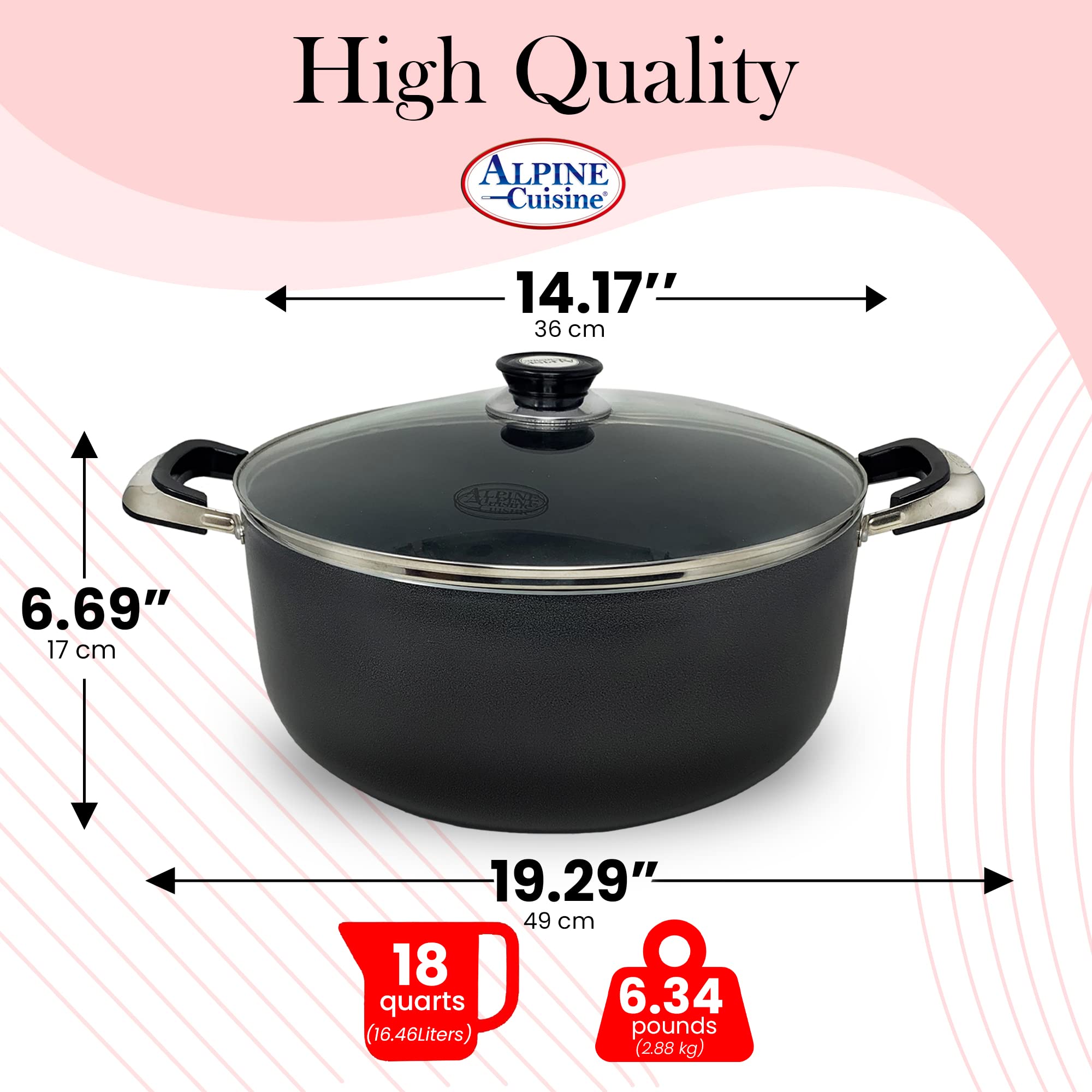Alpine Cuisine 18 Quart Non-Stick Aluminum Dutch Oven with Tempered Glass Lid - Multi-Purpose Stock Pot for Braising, Boiling, Stewing - Perfect for Soups, Stews & Large Family Meals