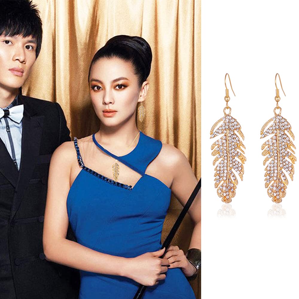 Bohemian Crystal Leaf Dangle Earrings for Women - Long Hanging Feather Leaf Drop Earrings with Metal Links in Gold | Perfect for Boho Fashion, Party Accessories & Everyday Jewelry