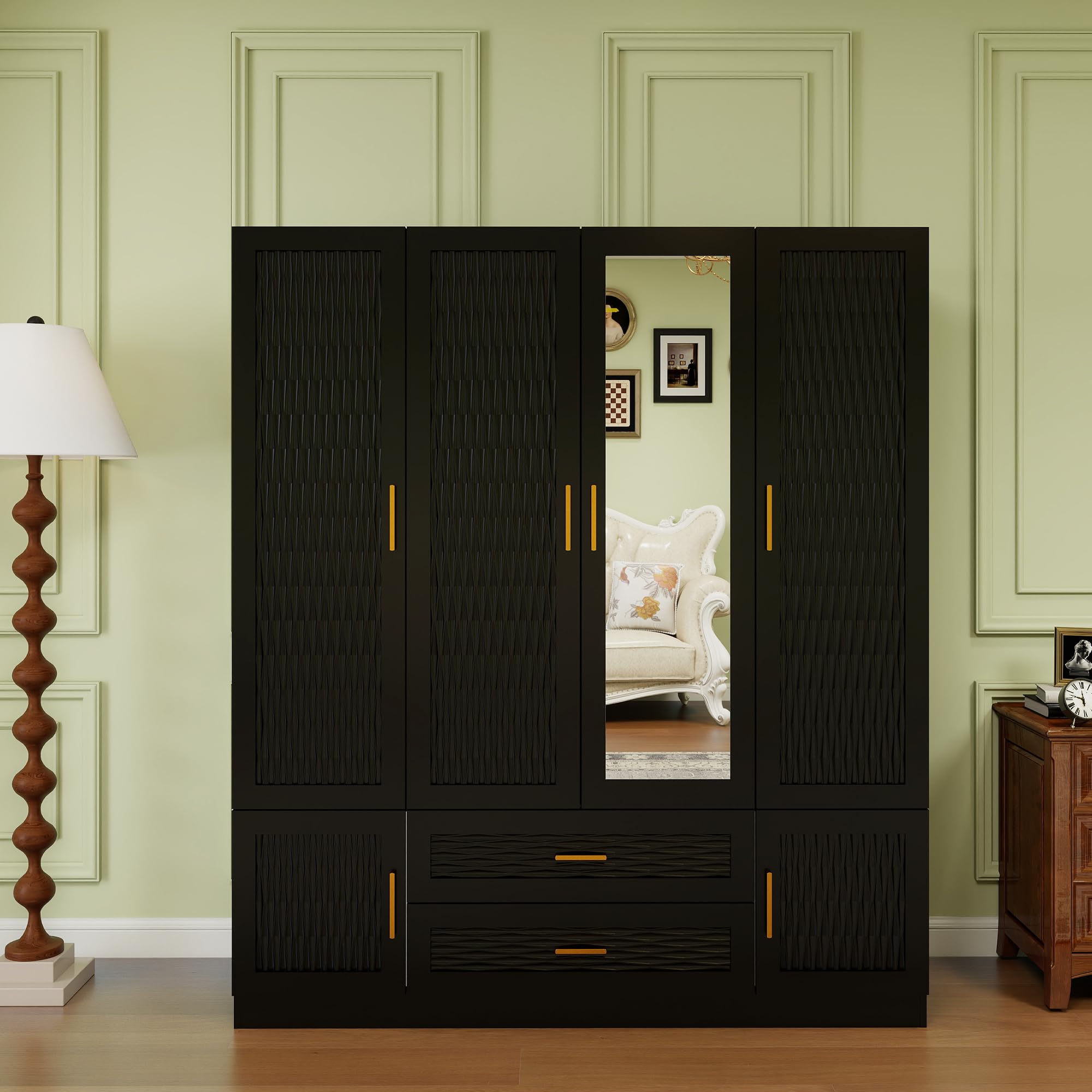Large Black Wooden Armoire Wardrobe Closet - 4 Doors, 2 Drawers with Mirror, Hanging Rods & Shelves | Spacious Tall Cabinet for Bedroom Storage & Organization | Perfect for Master Bedroom, Guest Room or Walk-in Closet