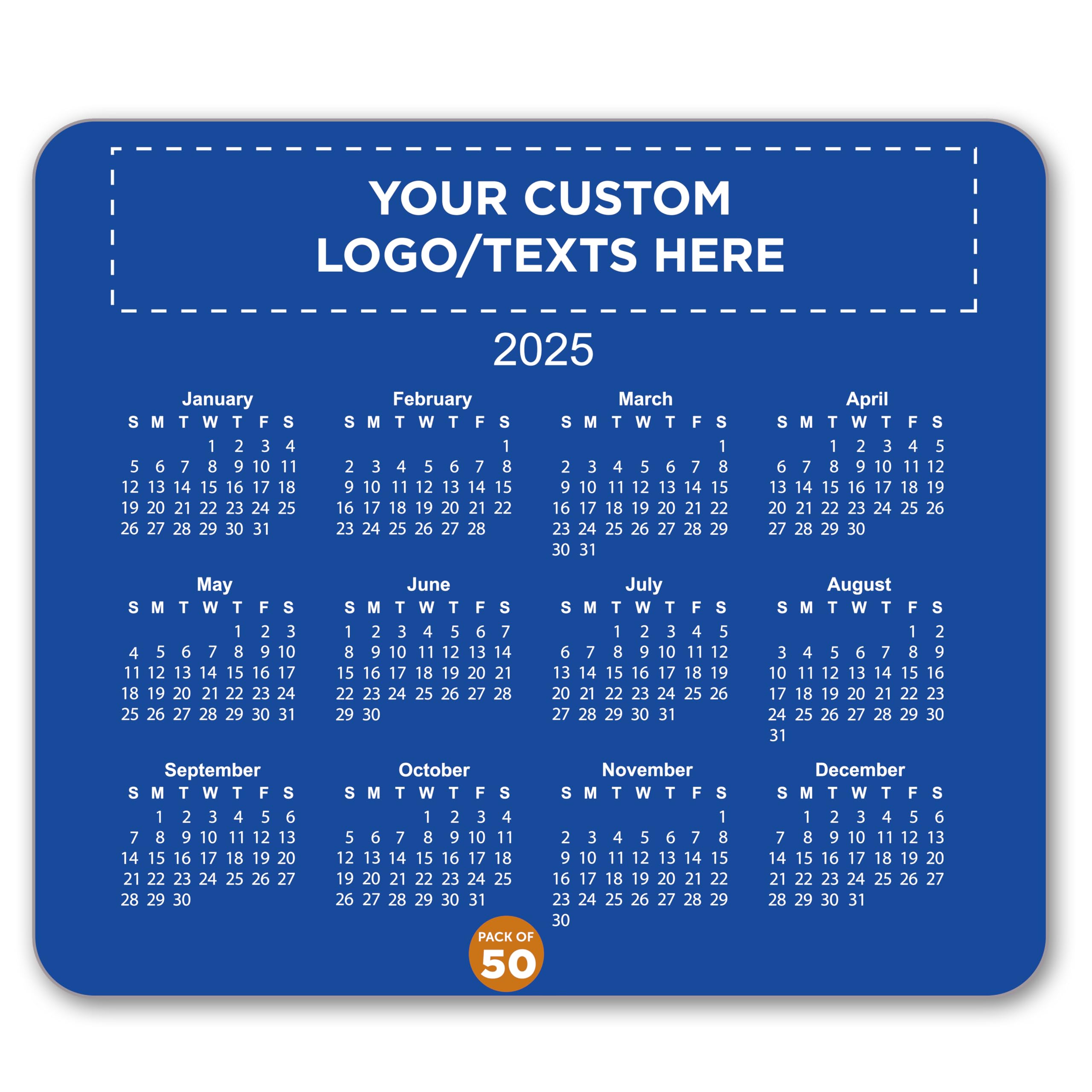 Custom Horizontal Calendar Mouse Pads - Bulk Pack of 50 - Personalized Office & Promotional Gift for Employees, Clients, Tradeshows - Blue - Perfect for Corporate Events, Business Giveaways & Branding Promotions