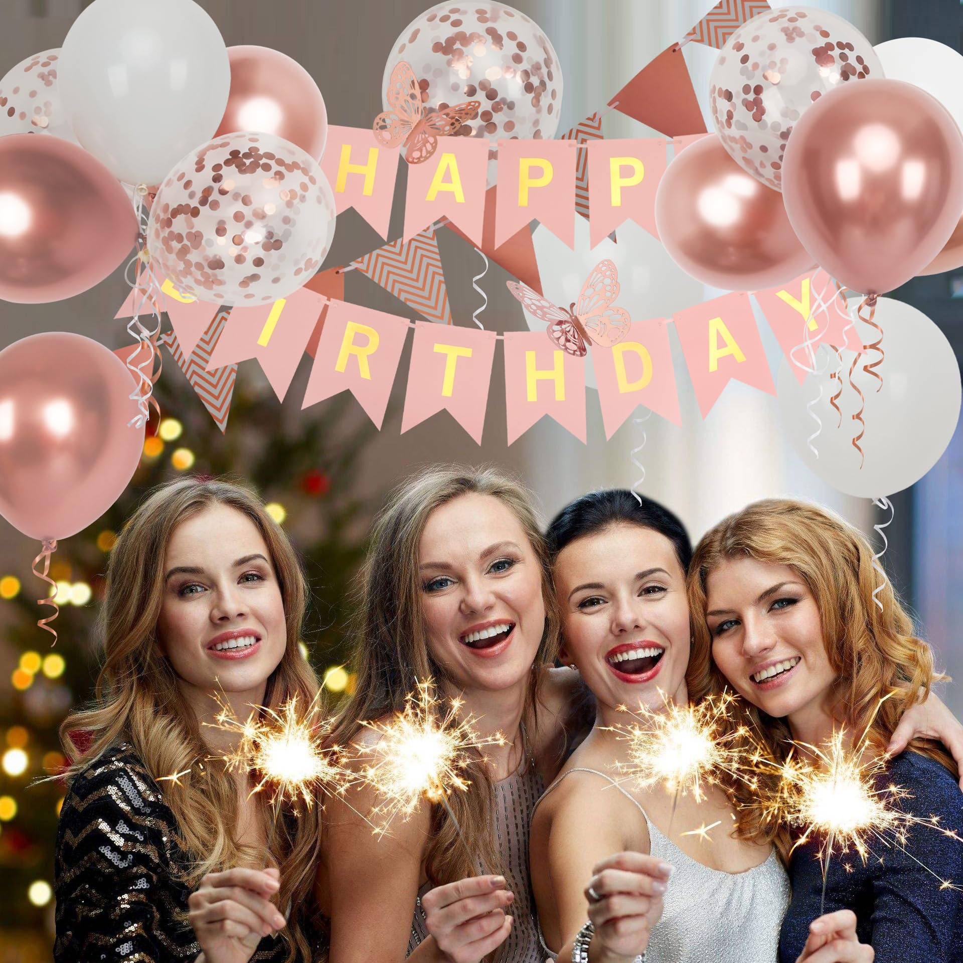 Rose Gold Birthday Decorations for Women - Happy Birthday Banner with Balloons, Pennant Flags & Butterfly Decor - Perfect for Girls' Parties, Baby Showers & Bridal Showers