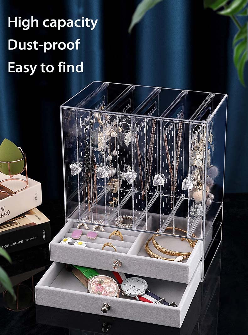 Clear 5-Tier Vertical Drawer Earring Display Stand Organizer with 2 Storage Drawers - Portable Velvet Jewelry Tray for Ring & Earring Storage - Perfect for Boutique, Jewelry Store & Home Organization