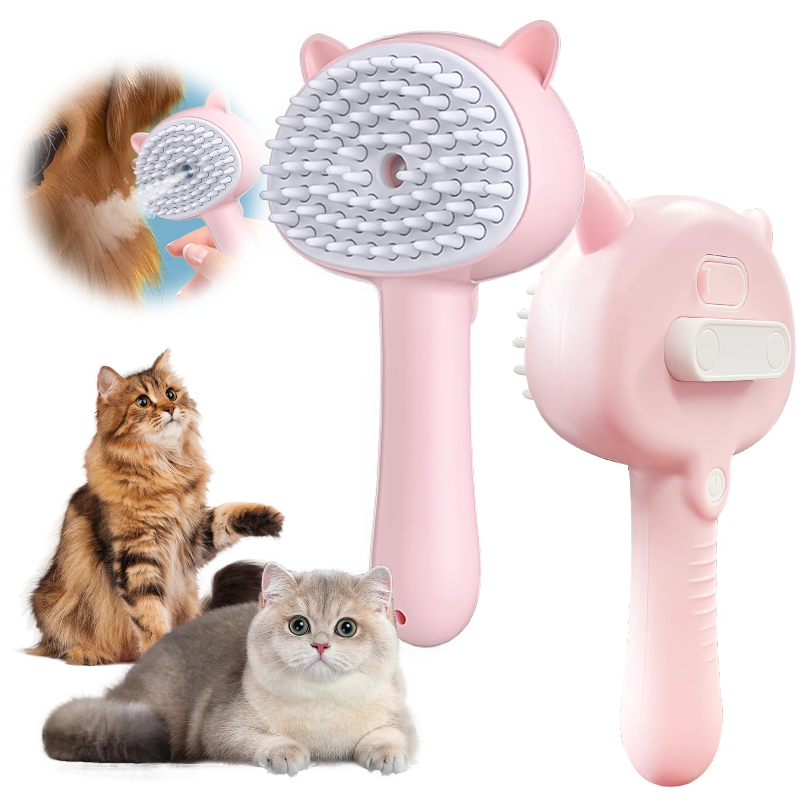 4-in-1 Pet Steam Spray Brush with Handle - Rubber Massage Dog & Cat Grooming Brush with Release Button for Long & Short Hair - Perfect for Bathing, Shedding Control & Coat Detangling (Pink) - Ideal for Home Pet Grooming & Professional Use