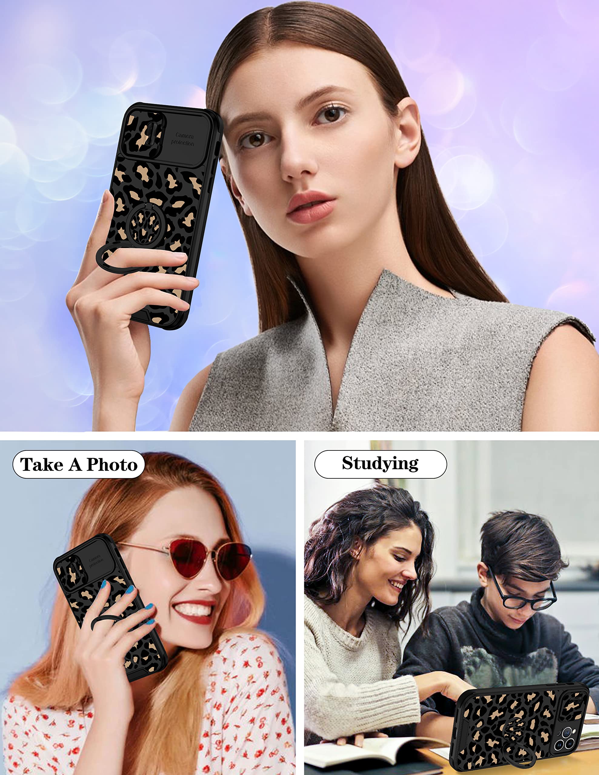Goocrux 2in1 Luxury iPhone 12 Pro Max Case for Women - Black Cheetah Print with Slide Camera Cover & Ring Holder | Cute Animal Pattern Phone Cover for 6.7
