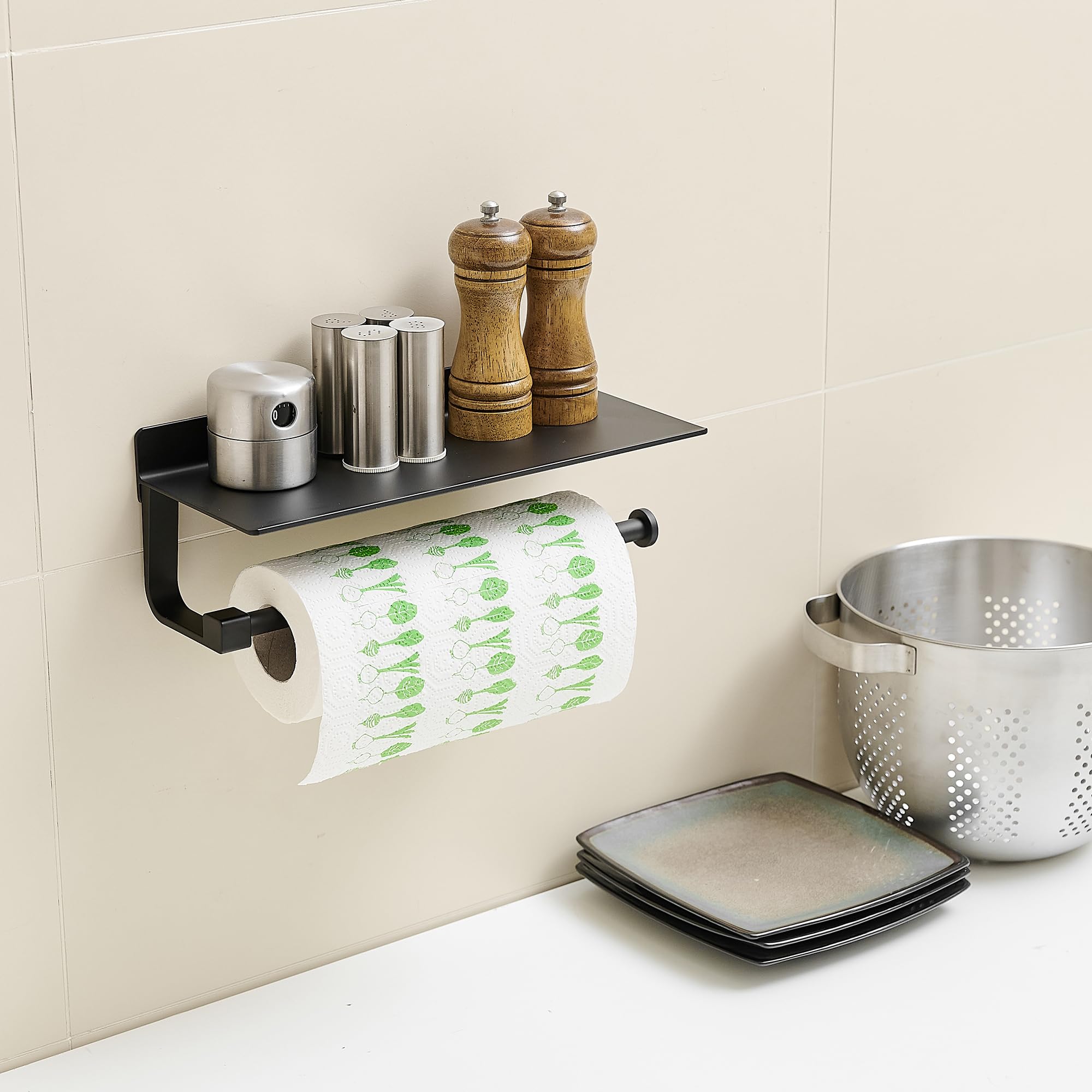 JOOM Black Wall Mounted Hand Towel Holder with Shelf - Bathroom & Kitchen Paper Towel Organizer - Perfect for Small Spaces, RVs, and Laundry Rooms