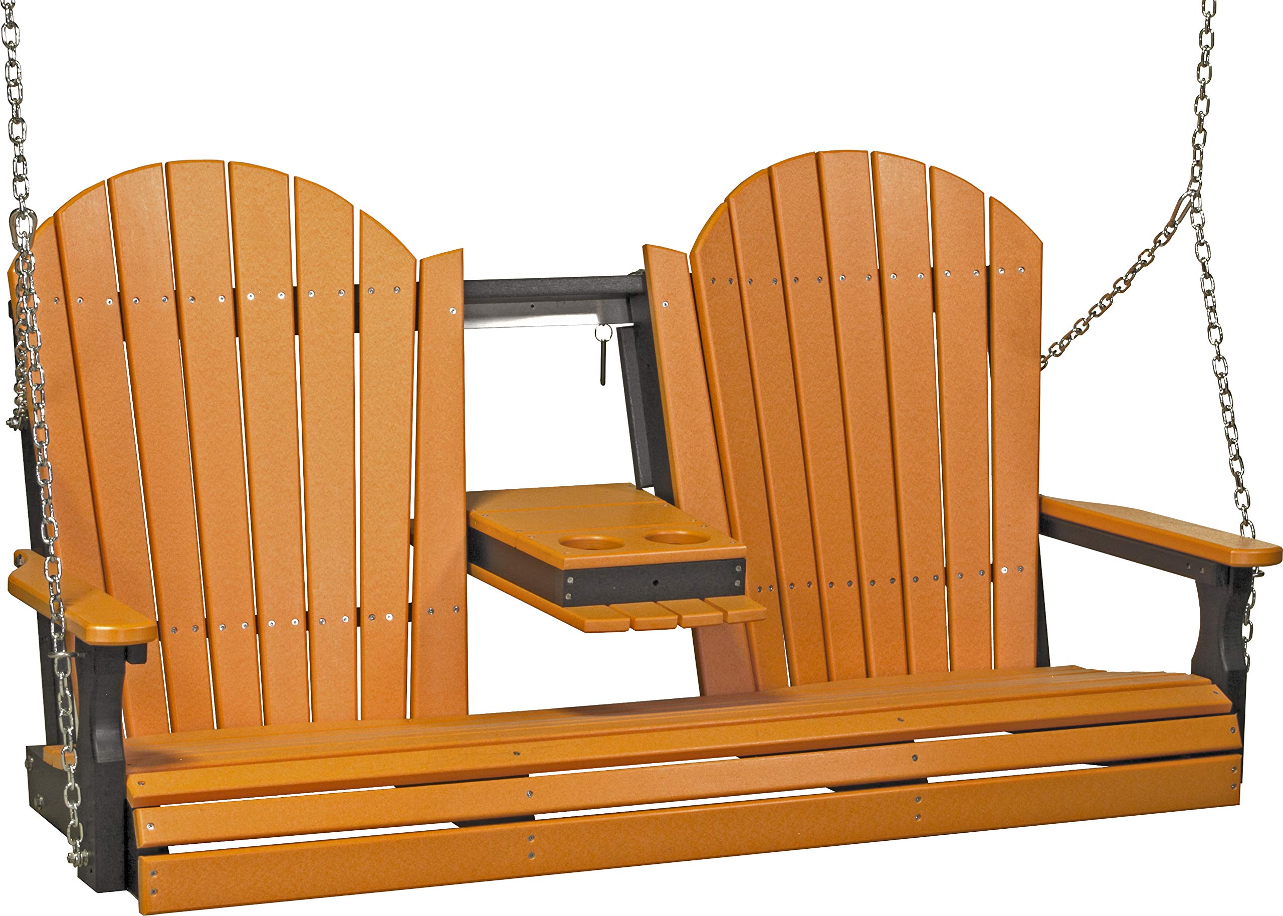 LuxCraft 5-Foot Adirondack Hanging Porch Swing with Flip Down Console - Outdoor Patio Swing Chair, Front Porch Swing Bench in Tangerine & Black - Perfect for Backyard Relaxation, Garden Lounging, and Outdoor Entertaining