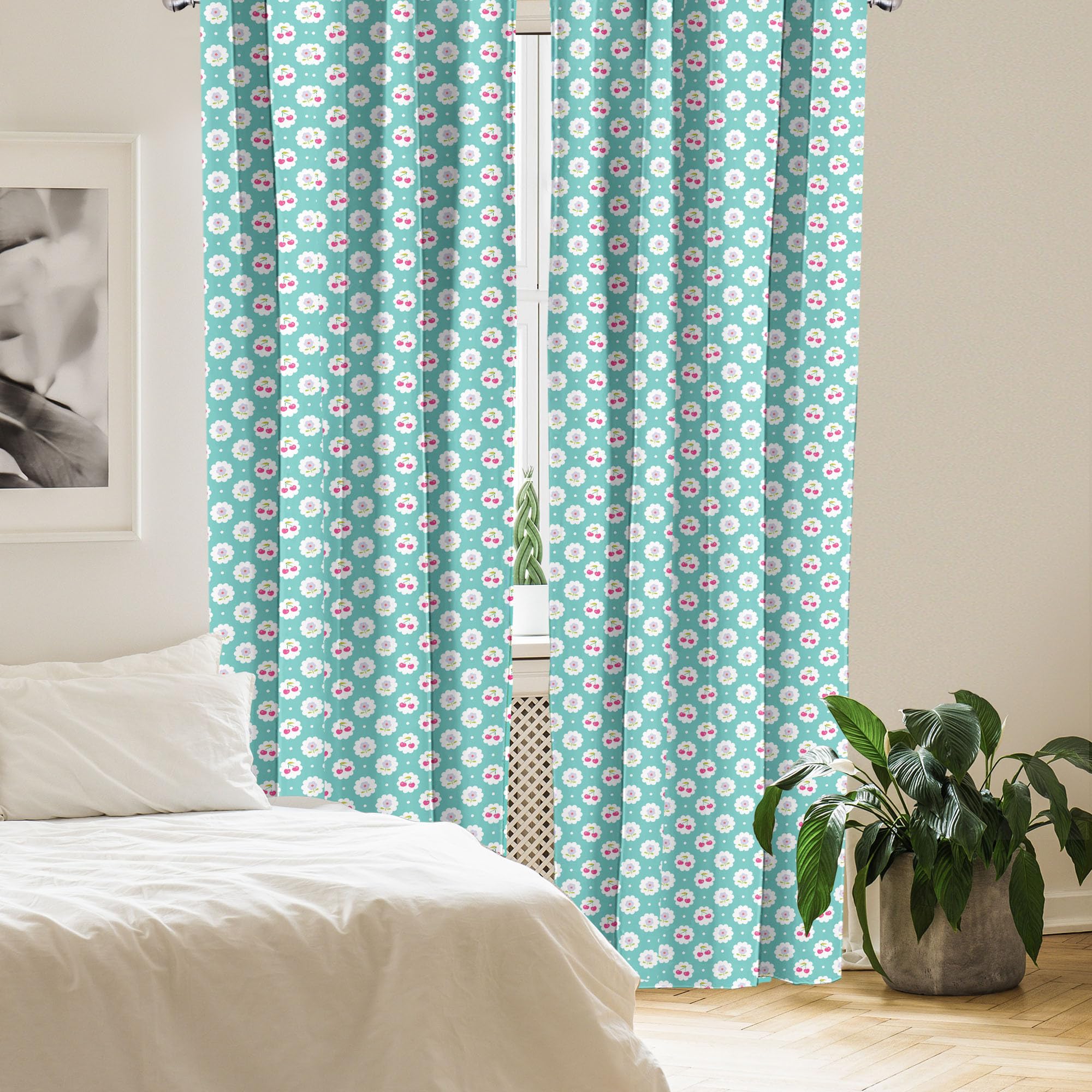 Ambesonne Seafoam Window Curtains - Abstract Cherry & Floral Dotted Design, Lightweight 2-Panel Set with Rod Pocket, 28