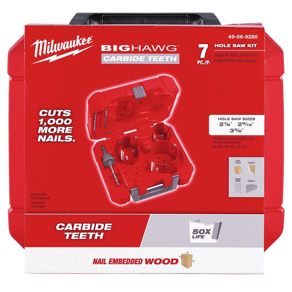 Milwaukee 7-Piece Big Hawg Carbide Hole Saw Kit – Perfect for Wood, Metal & Plastic Cutting – Ideal for Construction, Plumbing & DIY Projects