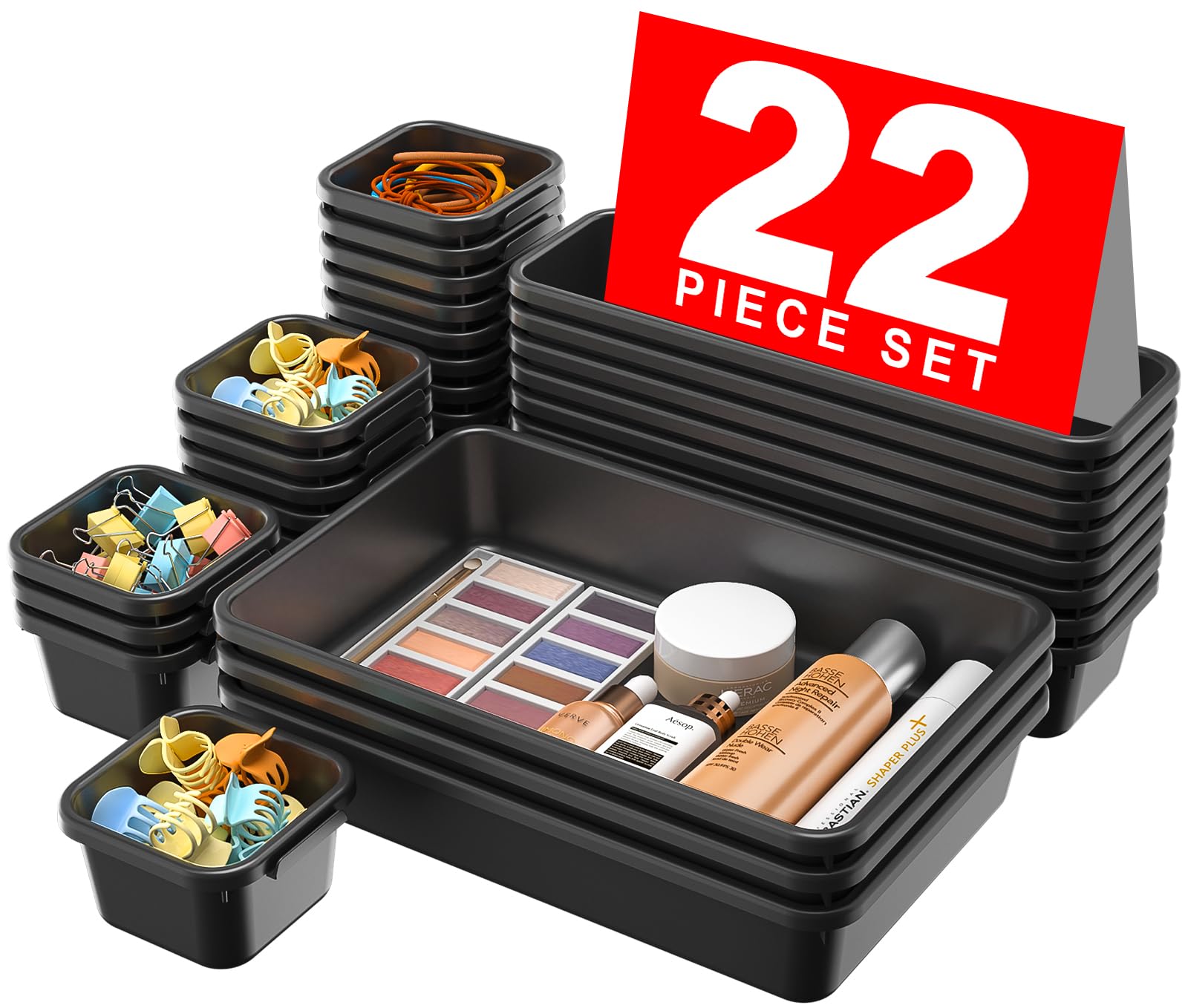 A-LuGei Plastic Black Desk Drawer Organizer - Multi-Purpose Storage Bin for Bathroom, Makeup, Office & Pantry Organization | Perfect for Vanity, Utensils, Tools & Cosmetics Storage