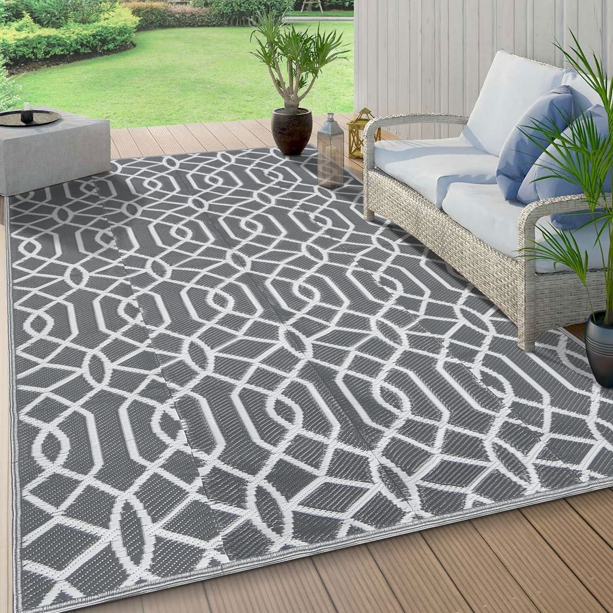 HEBE 5'x8' Waterproof Reversible Outdoor Rug - Geometric Pattern Plastic Patio Mat for Camping, RV, Deck, Balcony, Porch & Tent - Durable All-Weather Floor Covering for Outdoor Living Spaces