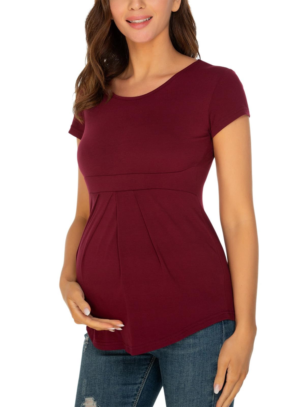 Glampunch Women's Maternity Tops - Short & 3/4 Sleeve Round Neck Peplum Tunic Top for Pregnancy, Nursing & Everyday Comfort | Casual Wear, Office & Maternity Photos