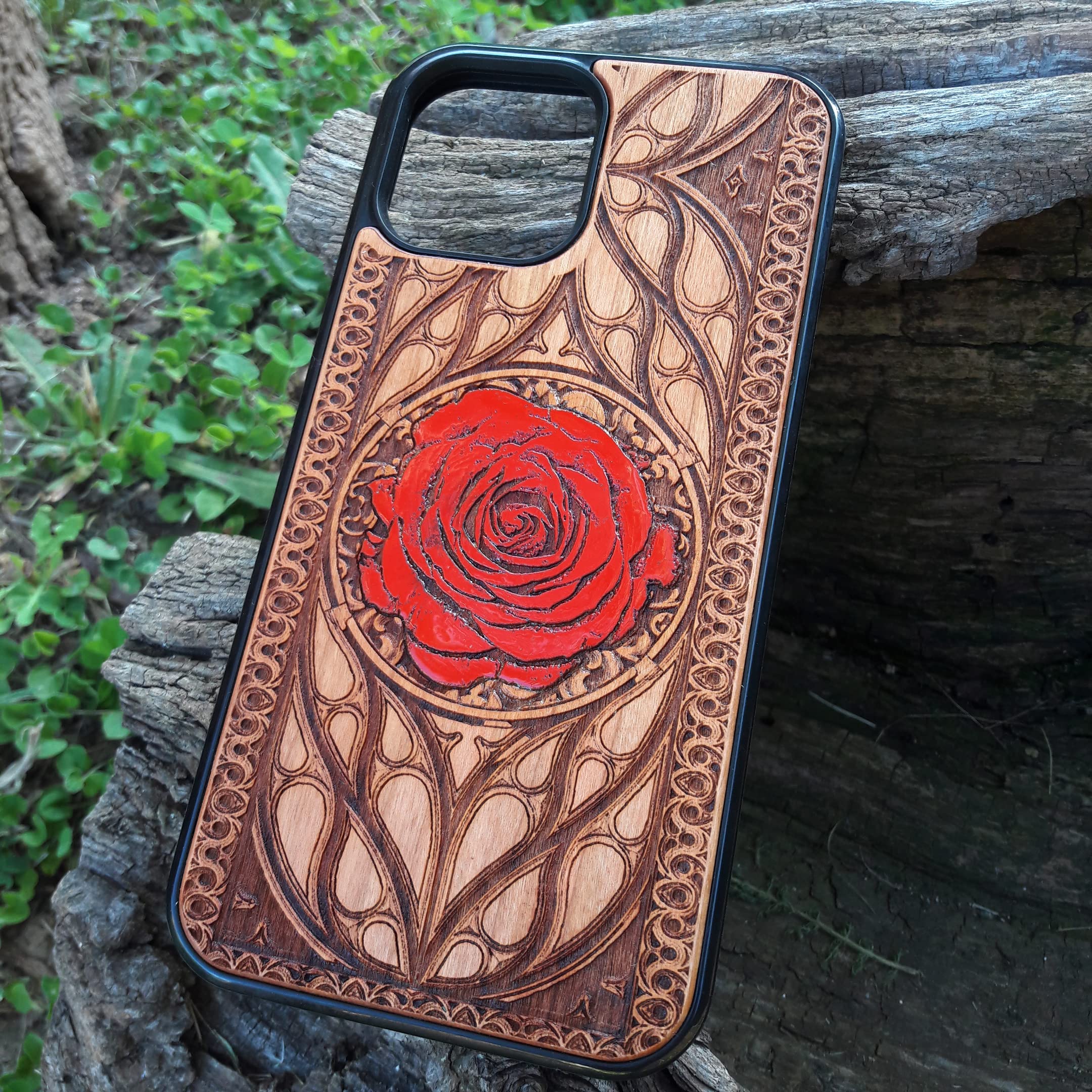 **Eco-Friendly Red Rose Laser Engraved Wood Phone Case – Compatible with iPhone 16, 15, 14, 13, 12, 11 Pro Max/Mini & Galaxy S25, S24, S23, S22, S21, S20 Ultra Plus – Slim, Durable Wooden Cover for Everyday Protection & Style**