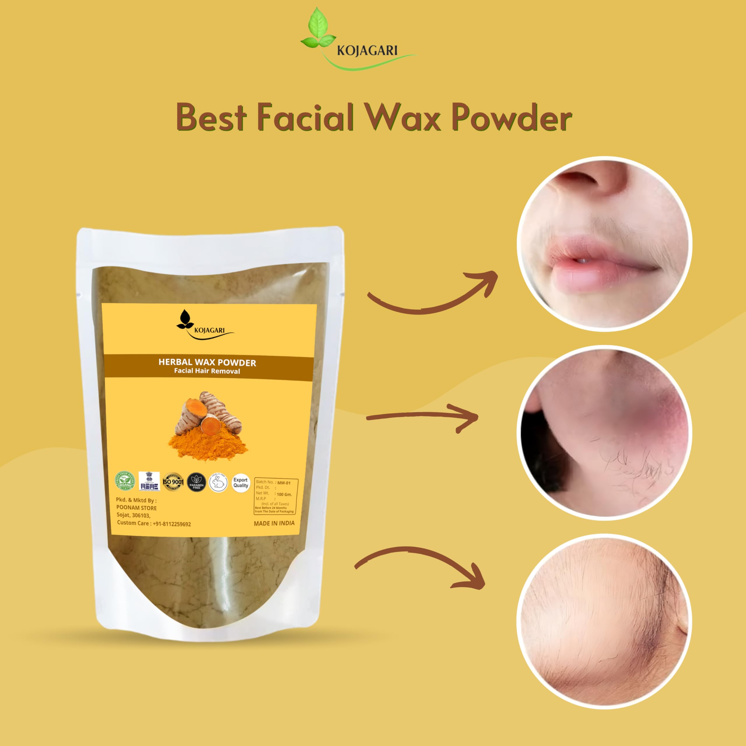 Kojagari Facial Wax Powder - Quick & Painless Hair Removal in 5 Minutes | Natural Herbal Formula for Upper Lips, Face, Hands, Legs & Full Body | At-Home Spa & Salon Smooth Skin Solution