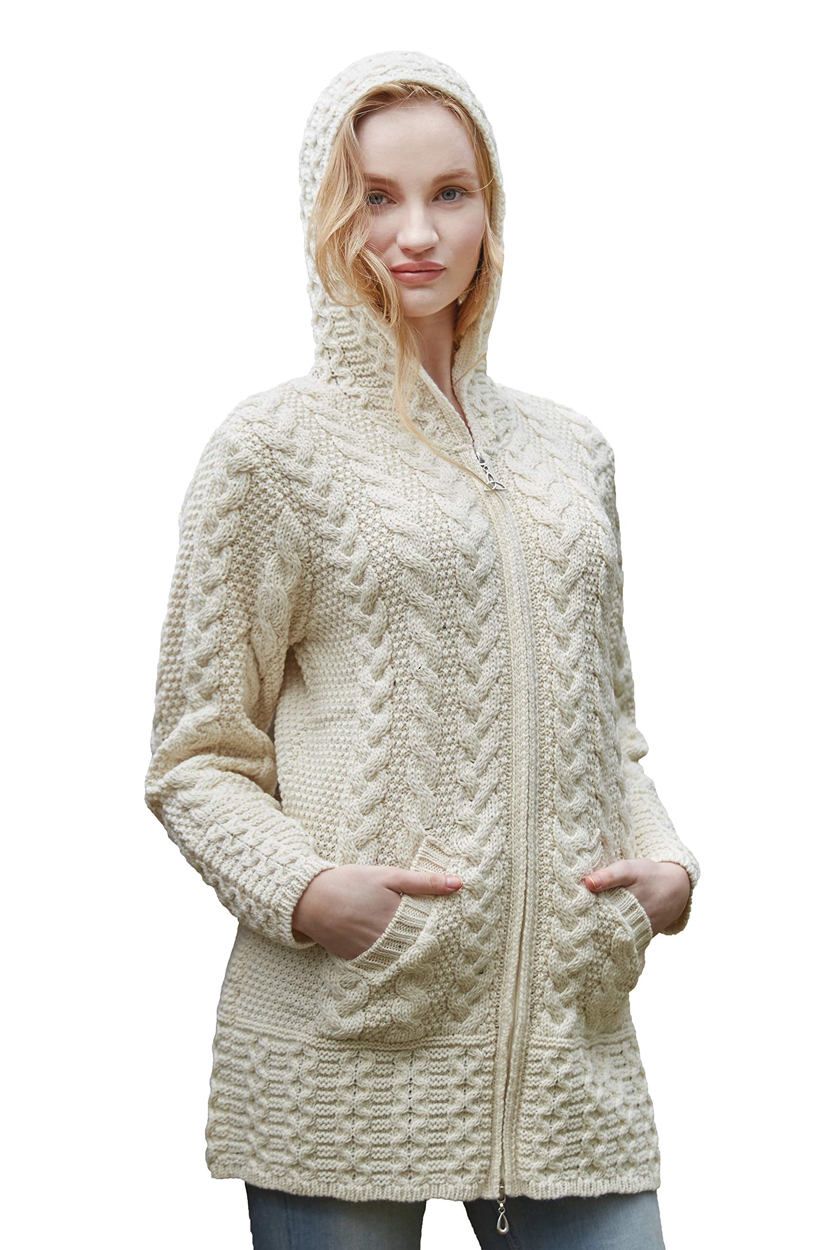 Aran Crafts Women's Irish Cable Knit Hooded Zip Coat - 100% Merino Wool Winter Jacket for Women - Warm & Cozy Outerwear for Hiking, Travel & Cold Weather
