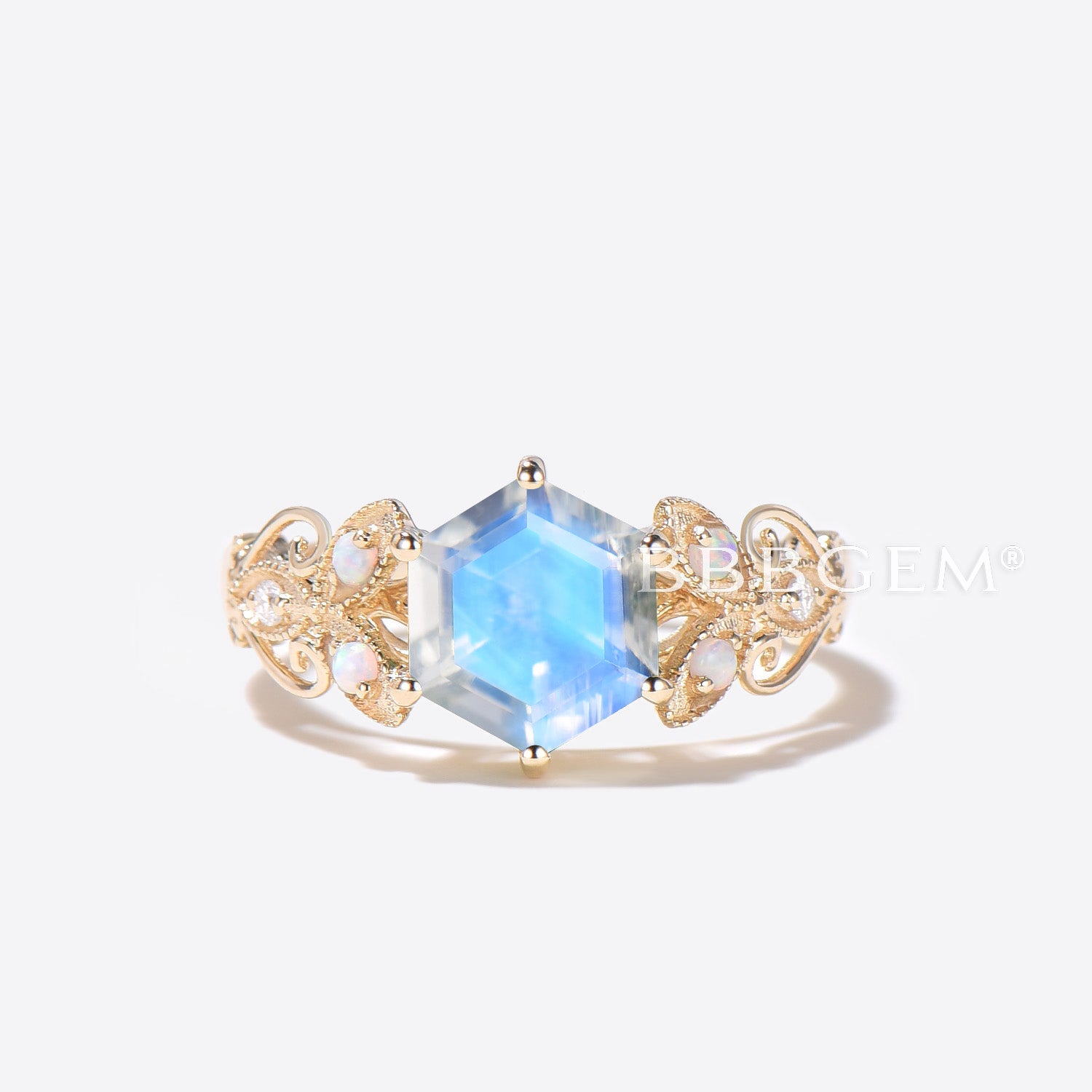 Hexagon Natural Moonstone Ring - 14K Gold Butterfly Engagement Ring for Women, Wedding, Anniversary & Gift | Boho Chic Jewelry for Everyday Wear & Special Occasions