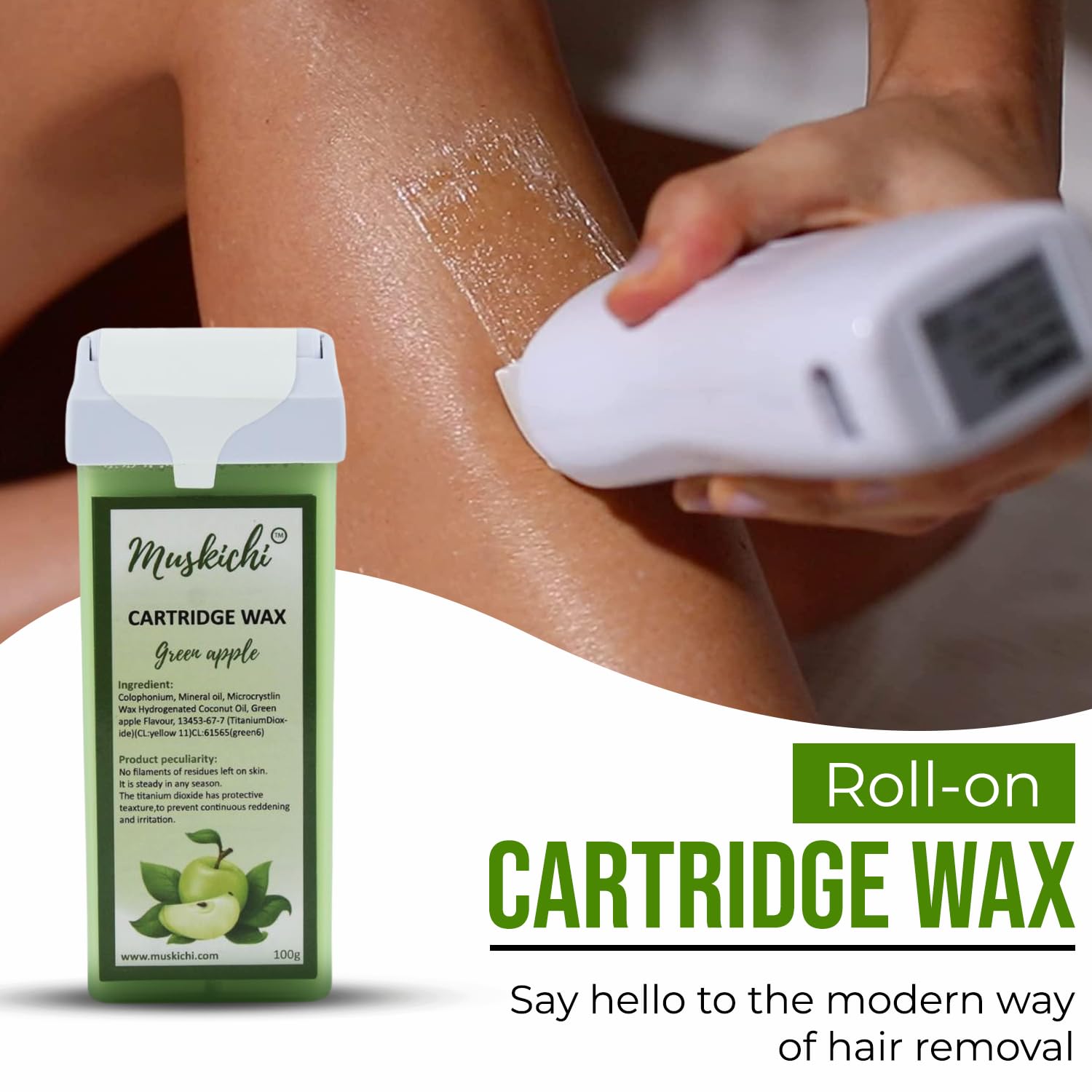 MUSKICHI Green Apple Roll-On Wax Cartridge – 100ml (Pack of 1) | Painless Hair Removal Wax for Men & Women | All Skin Types | Refillable Body Waxing Kit for Legs, Arms, Bikini & Face | Easy At-Home Waxing Solution