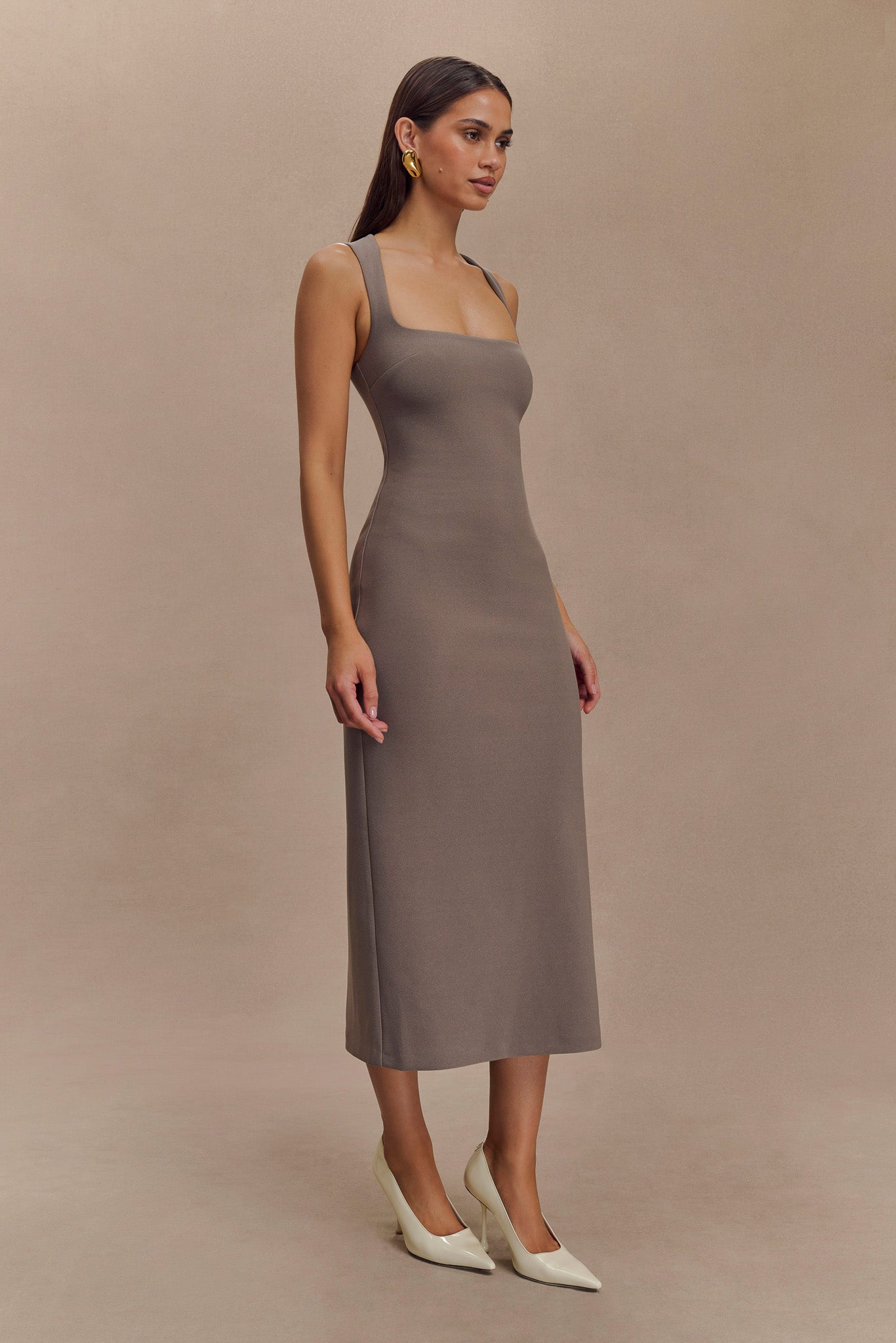 Frida Crepe Midi Dress in Smoke - Elegant Flowy Midi Dress for Women, Perfect for Date Night, Cocktail Party & Special Occasions