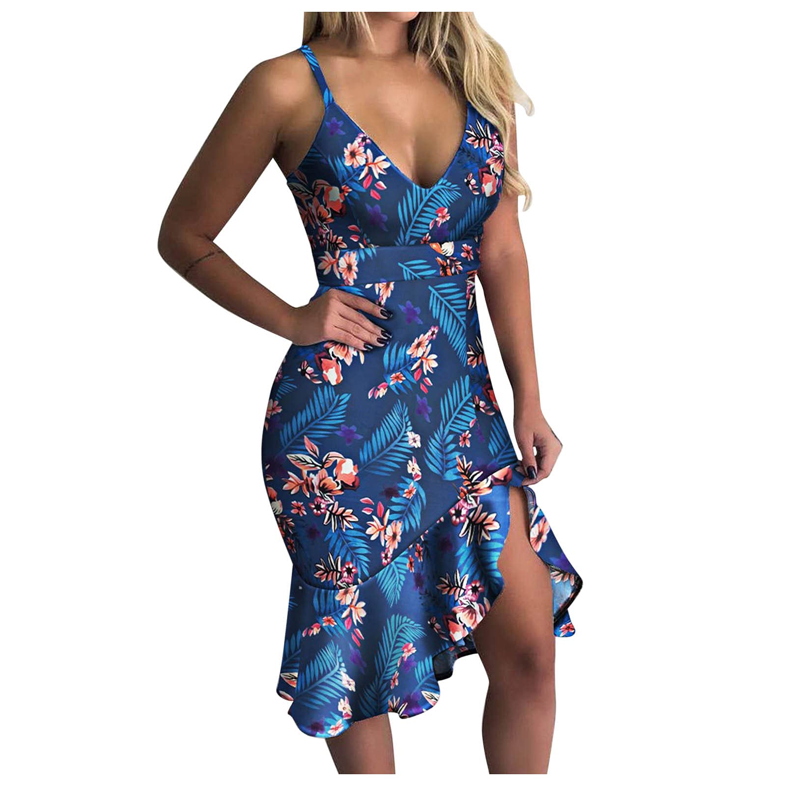 Women's Printed V-Neck Sleeveless Summer Casual Ruffle Midi Dress - Flowy Beach Dress for Vacation, Party & Everyday Wear