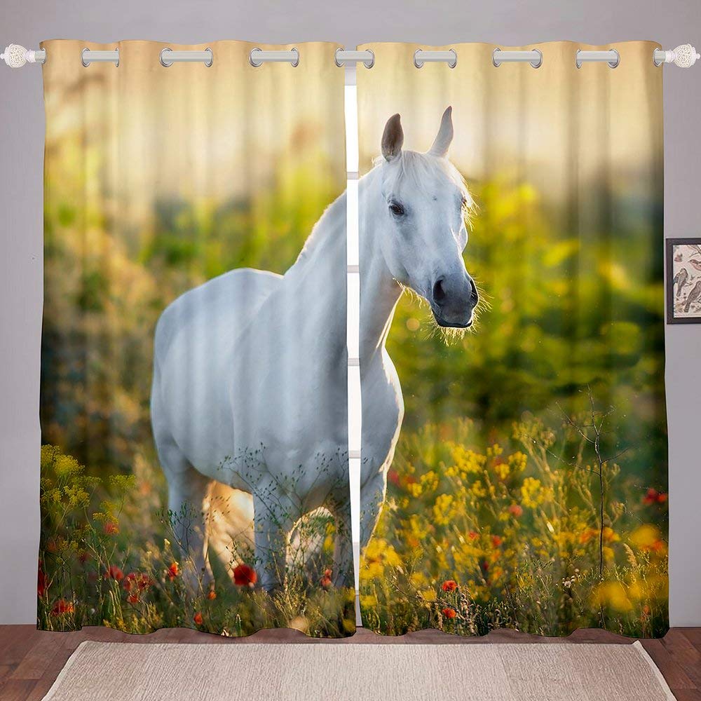 3D Printed White Horse & Flower Window Curtains Set - Western Animal Theme for Kids, Teens & Adults - Natural Garden Scenery Drapes (52x84 Inches) - Perfect for Bedroom, Dorm Room & Western Decor
