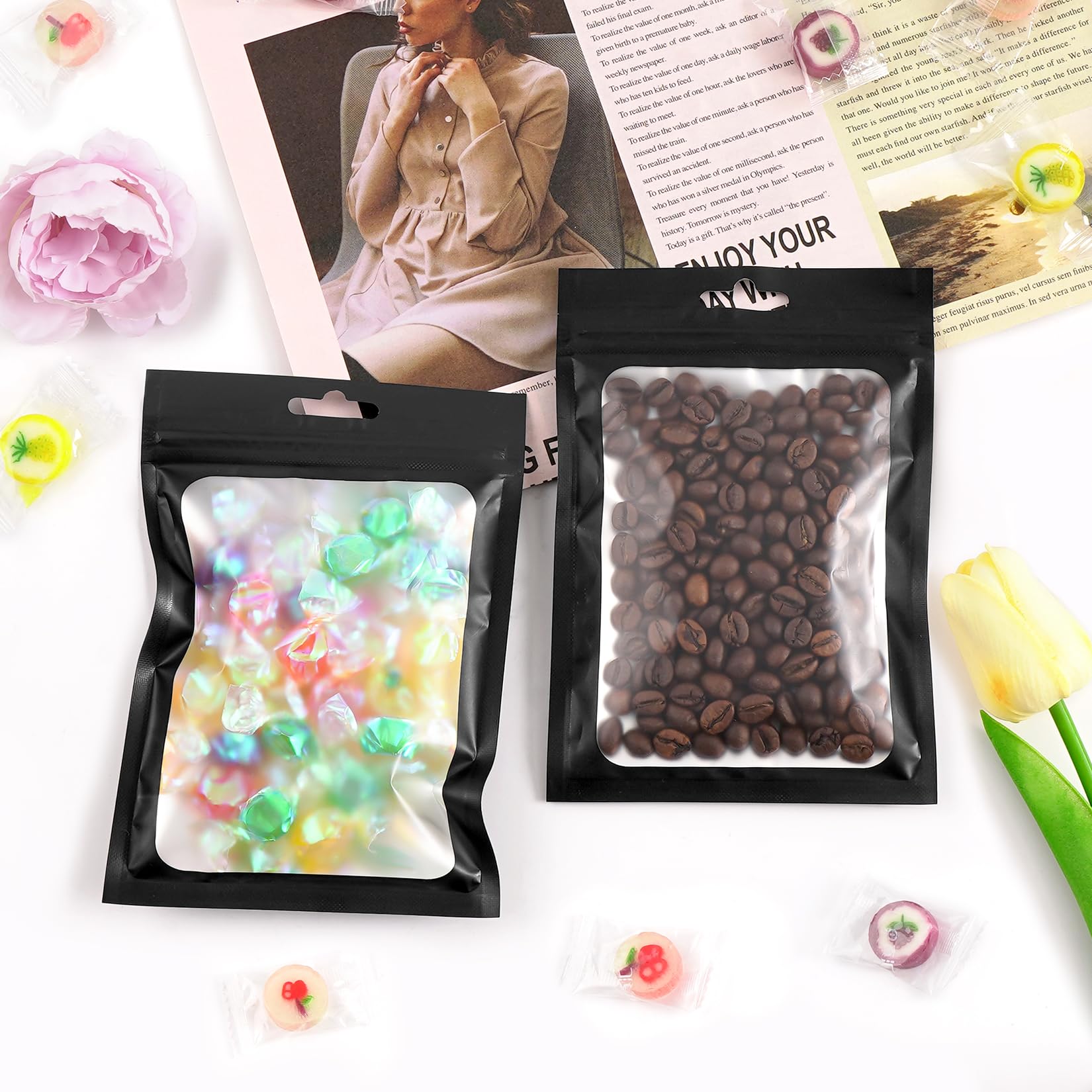 300 Pack Smell Proof Resealable Mylar Bags 3.1x5.1 Inch - Black Food Storage Bags with Zipper for Edibles, Cookies & Small Business | Airtight Scent Proof Packaging for Cannabis, Snacks & Travel
