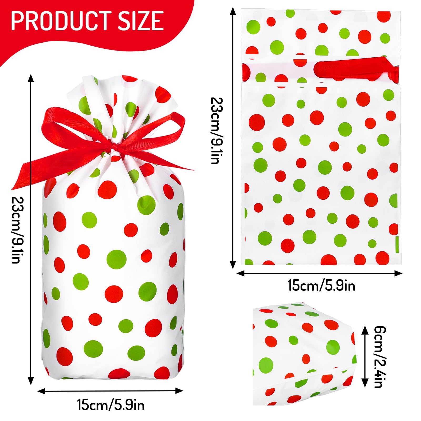 50Pcs Christmas Candy Bags with Red Green Dots - Holiday Treat Bags for Cookies & Goodies - Drawstring Gift Bags for Xmas Party Favors, Birthday, Baby Shower & Wedding - Perfect for Holiday Gift Wrapping & Party Supplies
