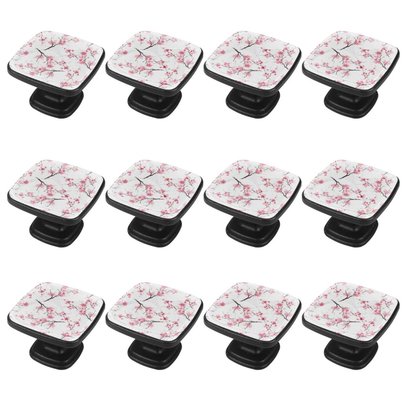 12Pcs Spring Pink Peach Blossom Cabinet Handles & Drawer Knobs - Elegant Dresser Hardware for Bedroom Furniture & Kitchen Cabinets - Perfect for Home Renovation and DIY Projects