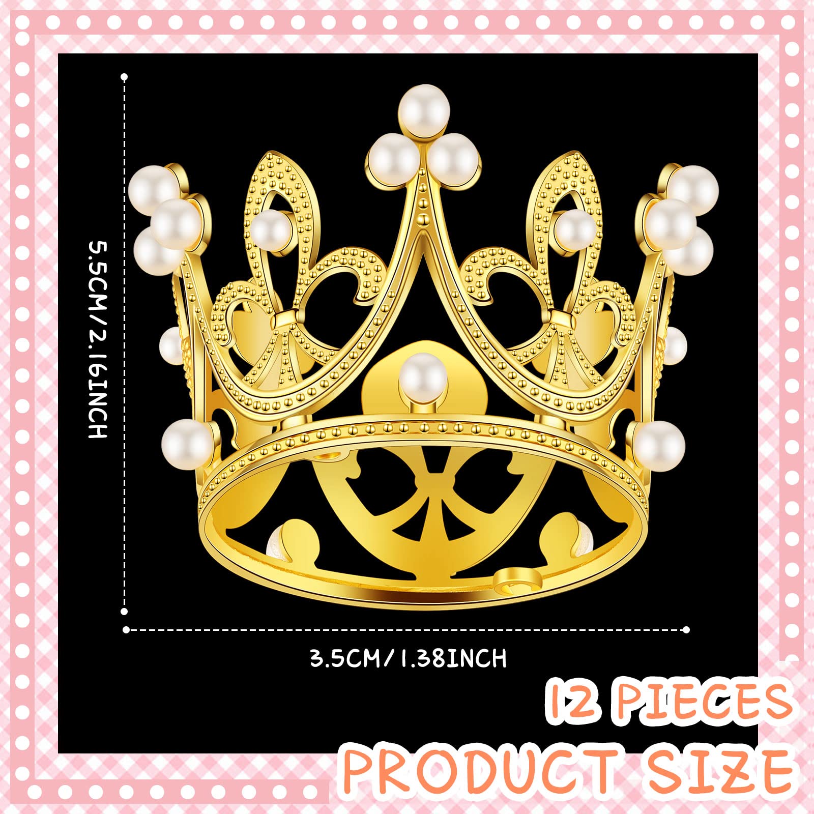 12 Pcs Mini Crown Cake Toppers - Gold Pearl Crystal Tiara for Cupcakes, Flower Bouquets, Wedding, Birthday Party Decorations | Perfect for Princess Themed Celebrations, Bridal Showers, and Festive Dessert Displays