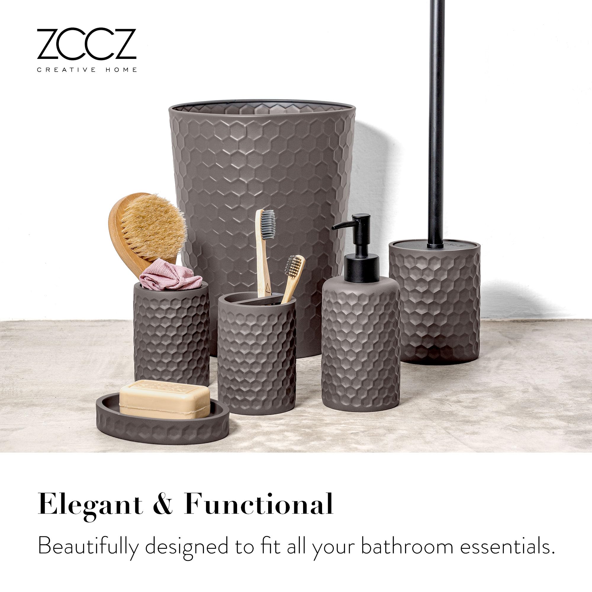 Premium 6-Piece Warm Grey Bathroom Accessory Set - Includes Trash Can, Toothbrush Holder, Cup, Soap Dispenser, Dish & Toilet Brush with Holder | Modern Bathroom Organization for Home, Apartment & Guest Bath Decor