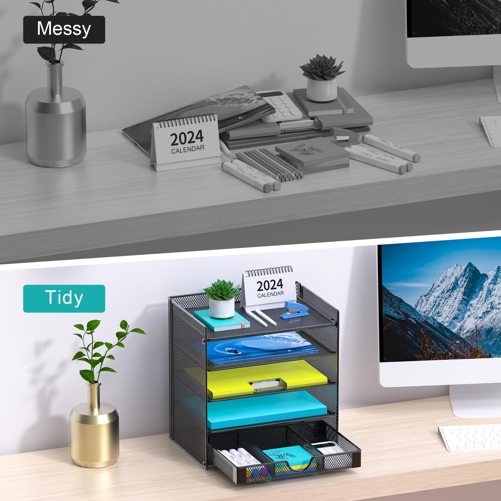 4-Tier Mesh Desk Organizer with Sliding Drawer - Black Paper File & Letter Sorter for Home, Office, School & Classroom - Perfect for Decluttering Workspaces and Organizing Documents