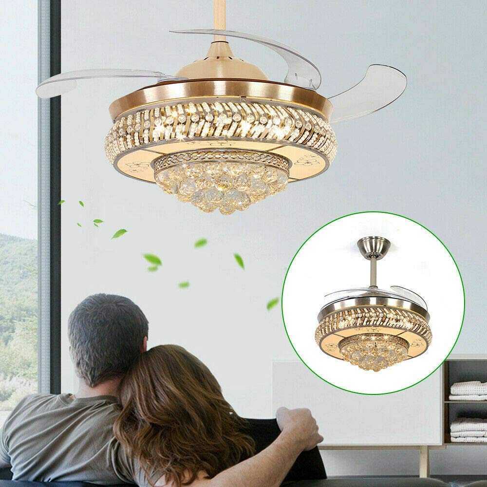 36 Inch Crystal Ceiling Fan with LED Light - Retractable Invisible Blades, Dimmable Chandelier, 3 Speed & 3 Color Options - Elegant Fandelier for Bedroom, Living Room, Hotel, Restaurant - Perfect for Home Decor, Cooling & Ambient Lighting