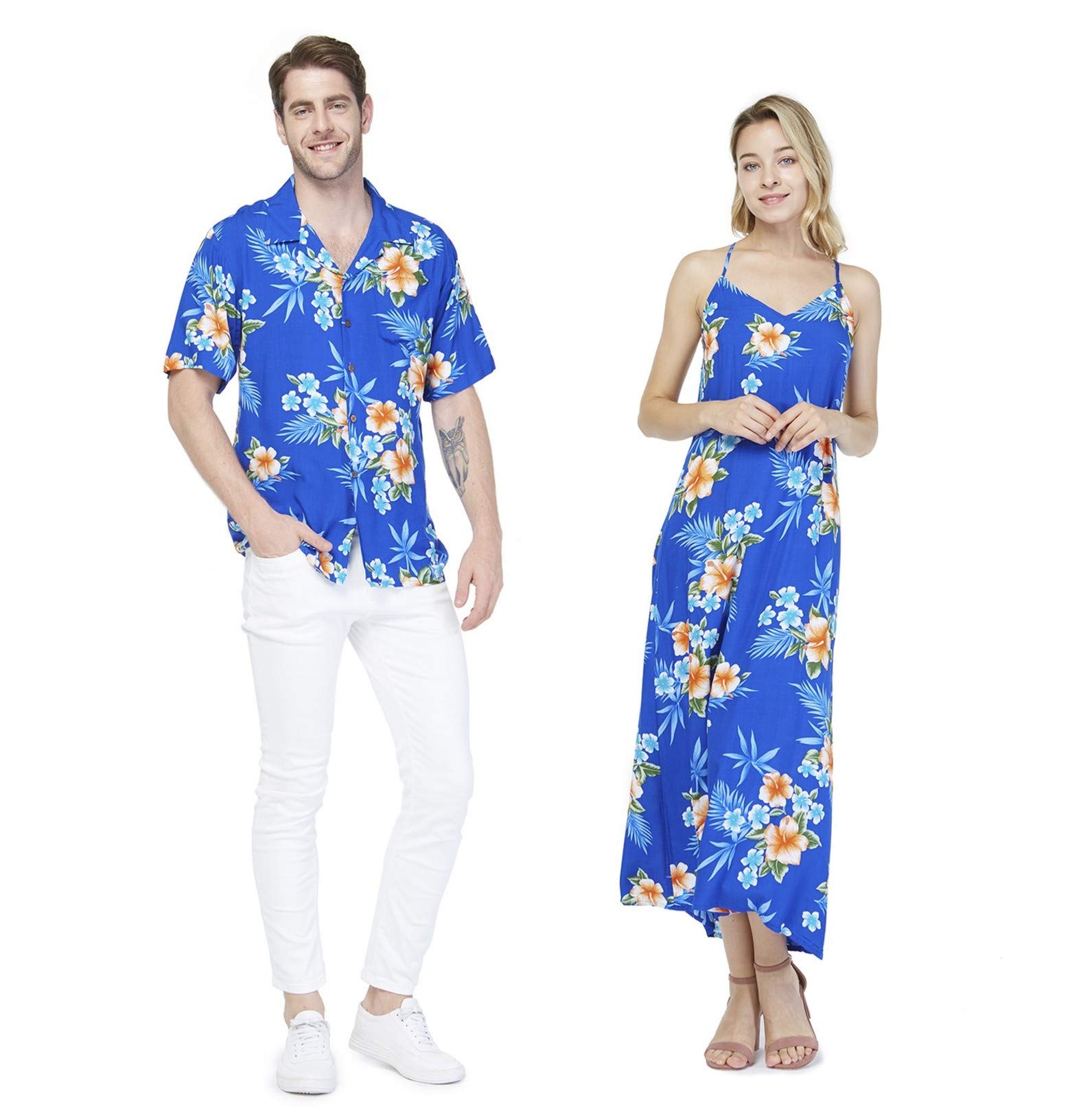 **Couple Matching Hawaiian Luau Shirts & Maxi Sweetheart Dress Set - Pink Hibiscus Vine Print for Beach Vacation, Summer Party, and Tropical Date Night**