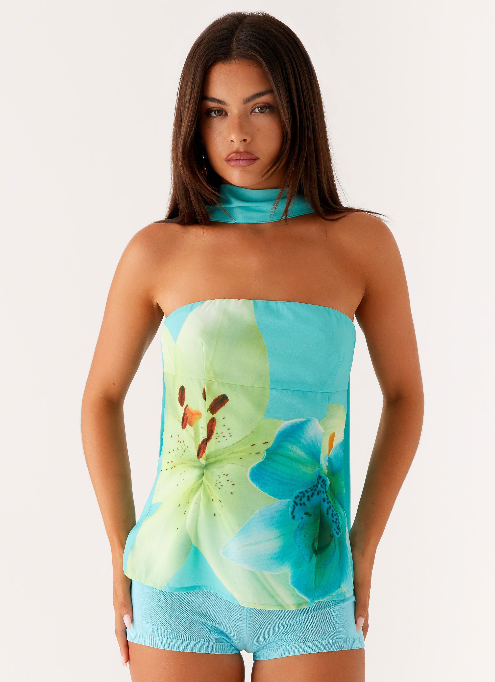 Blaise Scarf Top - Turquoise Floral Print Women's Fashion Blouse for Casual Wear & Boho Style Outfits