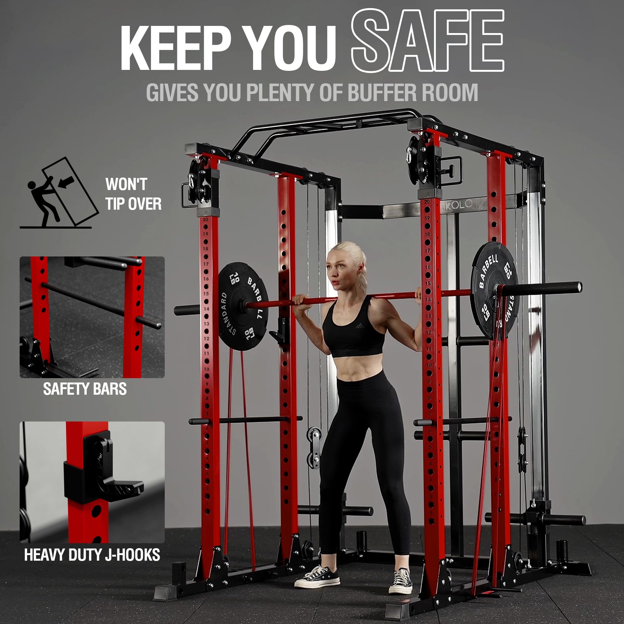 Mikolo Power Cage - Heavy Duty 2200 lbs Capacity Power Rack with Cable Crossover & Dual Pulley System for Home Gym | Squat Rack with Training Attachments (PC07) | Perfect for Strength Training, CrossFit & Bodybuilding Workouts