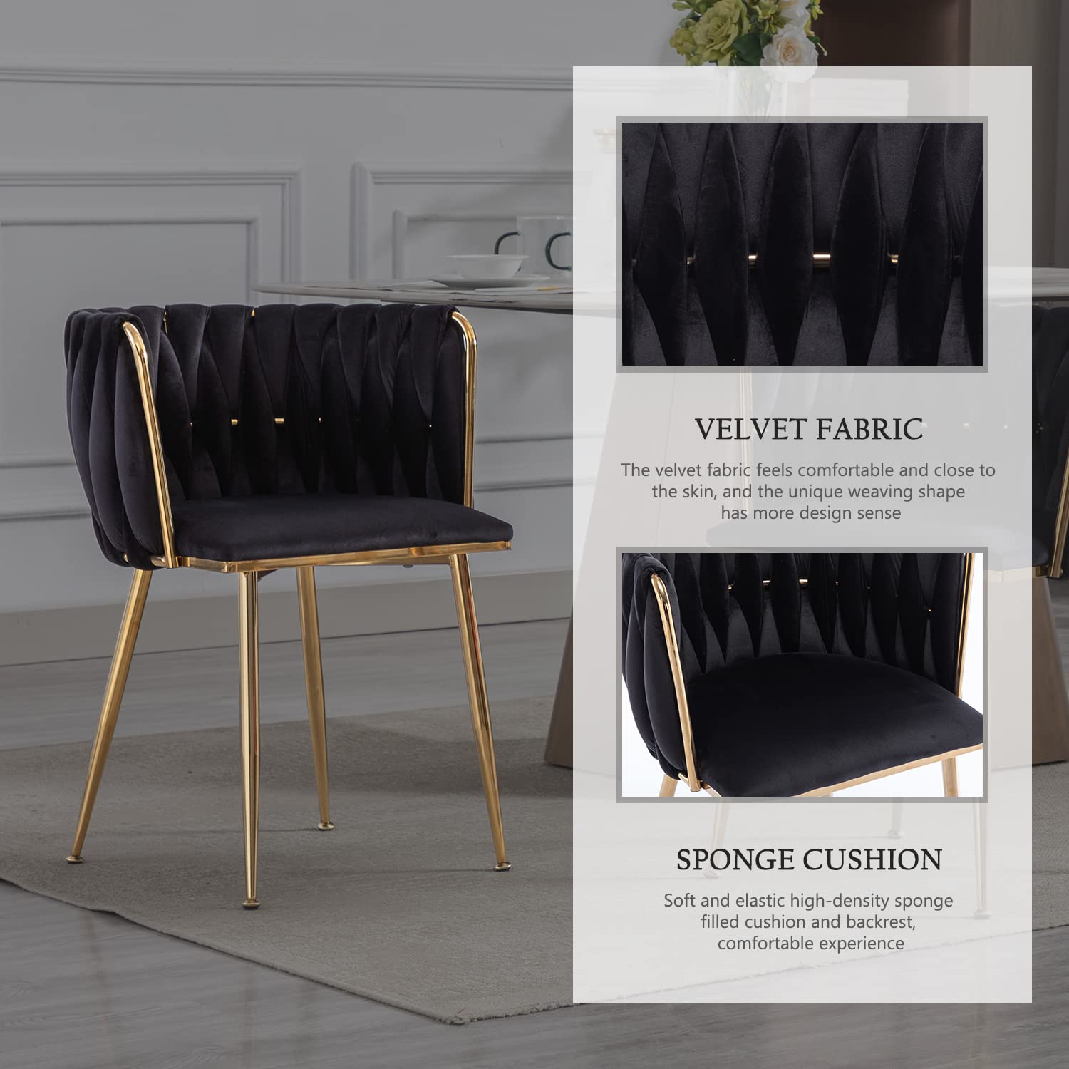 Premium Velvet Dining Chairs Set of 4 - Modern Tufted Upholstered Chairs with Gold Metal Legs for Kitchen, Dining Room & Living Room - Elegant Home Decor for Dinner Parties & Family Gatherings (Black)
