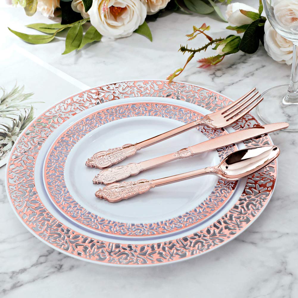 Supernal 300-Piece Rose Gold Plastic Dinnerware Set - 60 Dinner Plates, 60 Salad Plates, 60 Forks, 60 Knives, 60 Spoons - Elegant Disposable Tableware for Parties, Weddings, Picnics & Outdoor Events
