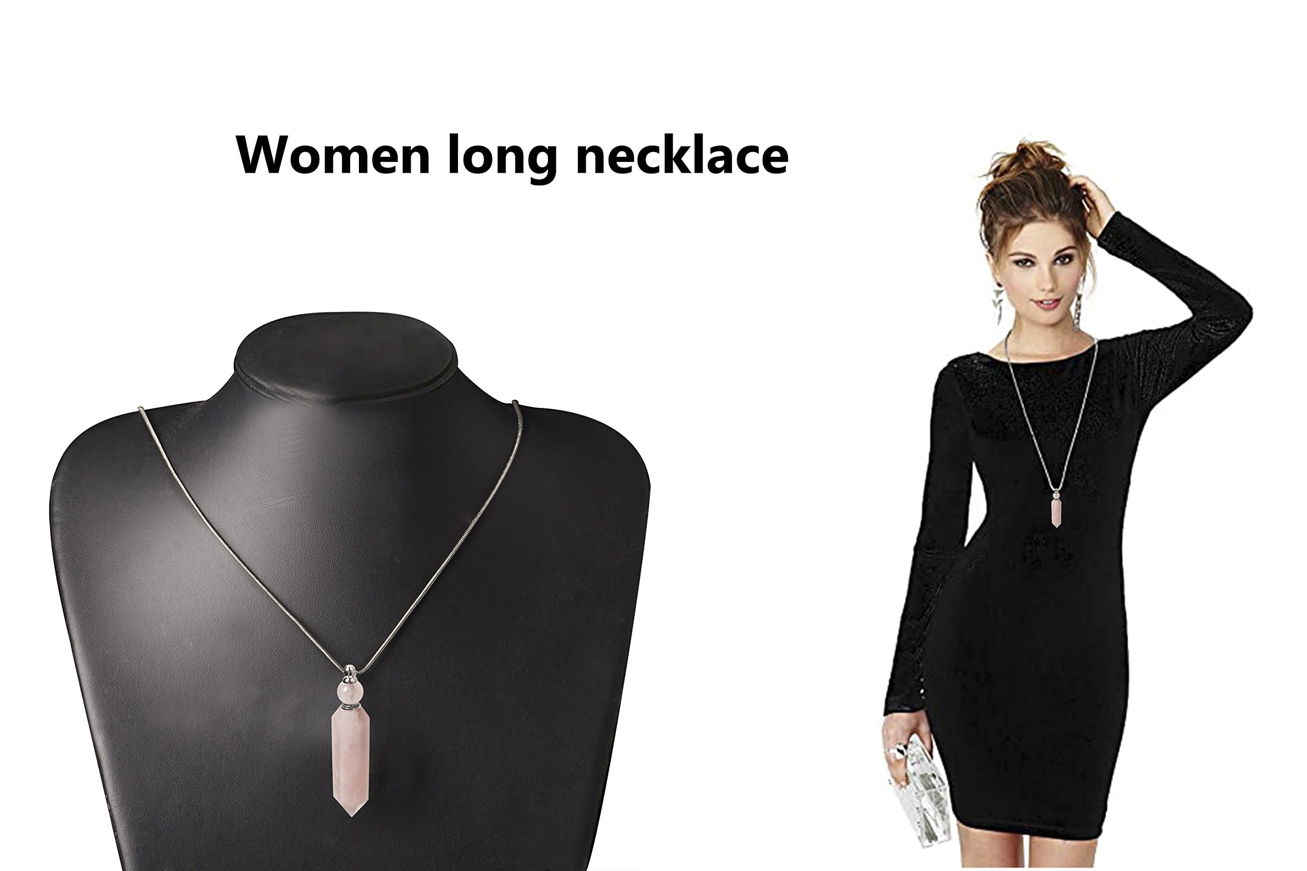 AMOYSTONE 1P Rose Quartz Crystal Perfume Necklace - Long Chain Healing Stone Hexagonal Aroma Diffuser for Essential Oils, Natural Crystal Bottle Pendant Jewelry Gift for Women (Perfect for Meditation, Yoga & Aromatherapy)