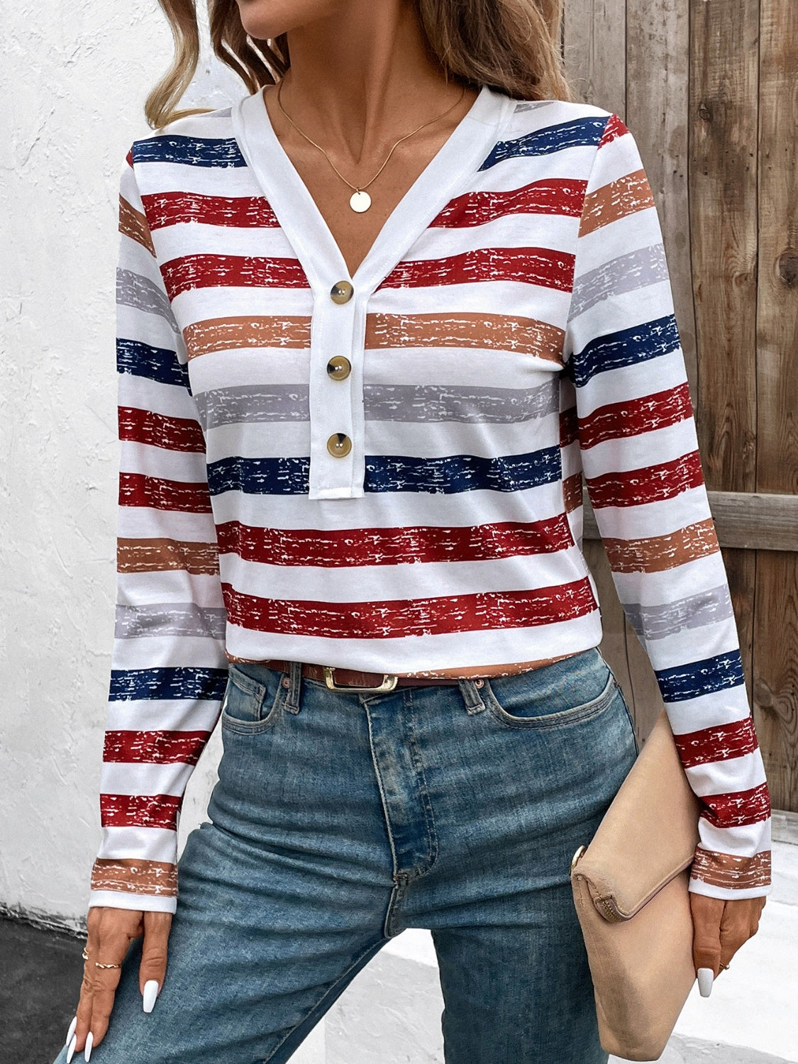 Stylish Contrast Striped V-Neck Long Sleeve T-Shirt for Men & Women | Casual & Layering Essential | Perfect for Office, Date Night & Weekend Outfits