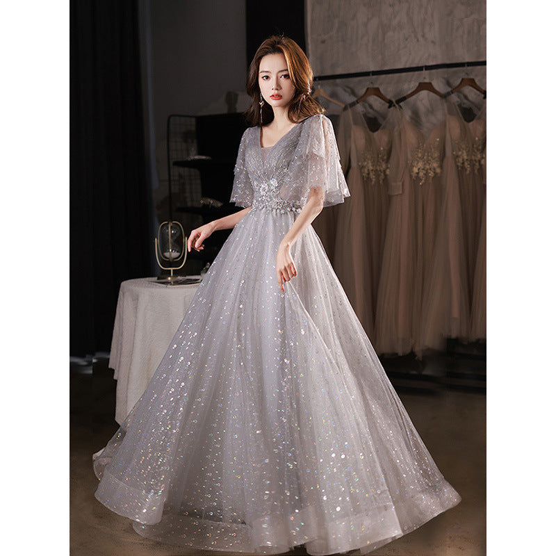 Elegant Gray Sparkly Long Prom Dress with Mid Sleeves - Perfect for Evening Gala, Homecoming Dance & Formal Events