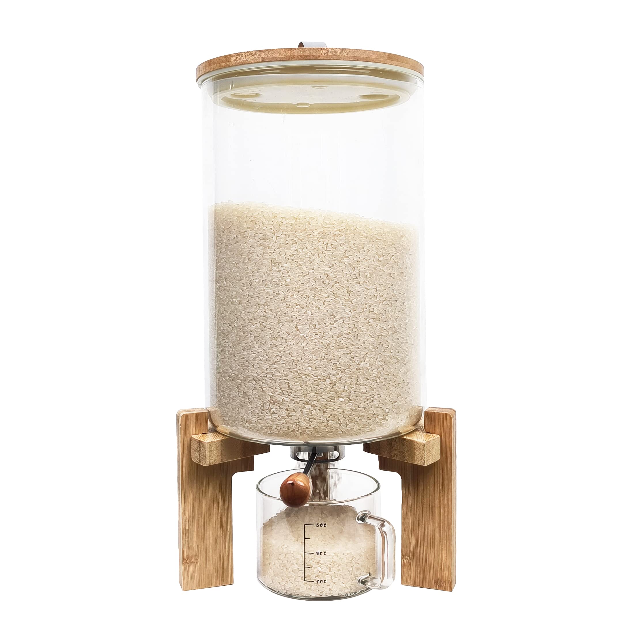 8L Glass Rice Dispenser with Bamboo Stand - Airtight Kitchen Storage Container for Coffee Beans, Cereal, Flour & Dry Food - Perfect for Pantry Organization & Countertop Display