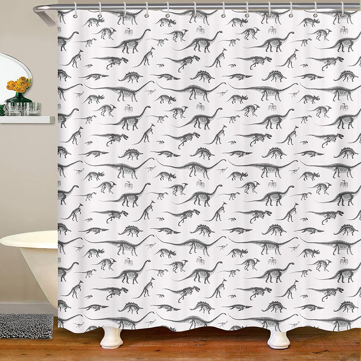 Dinosaur Shower Curtain for Boys - 72x78 Inches Waterproof Bathroom Decor with Hooks | Sketch Dinosaur Bones Skeleton Design | Perfect for Kids' Bathroom, Dinosaur Theme Party & Nursery Decor