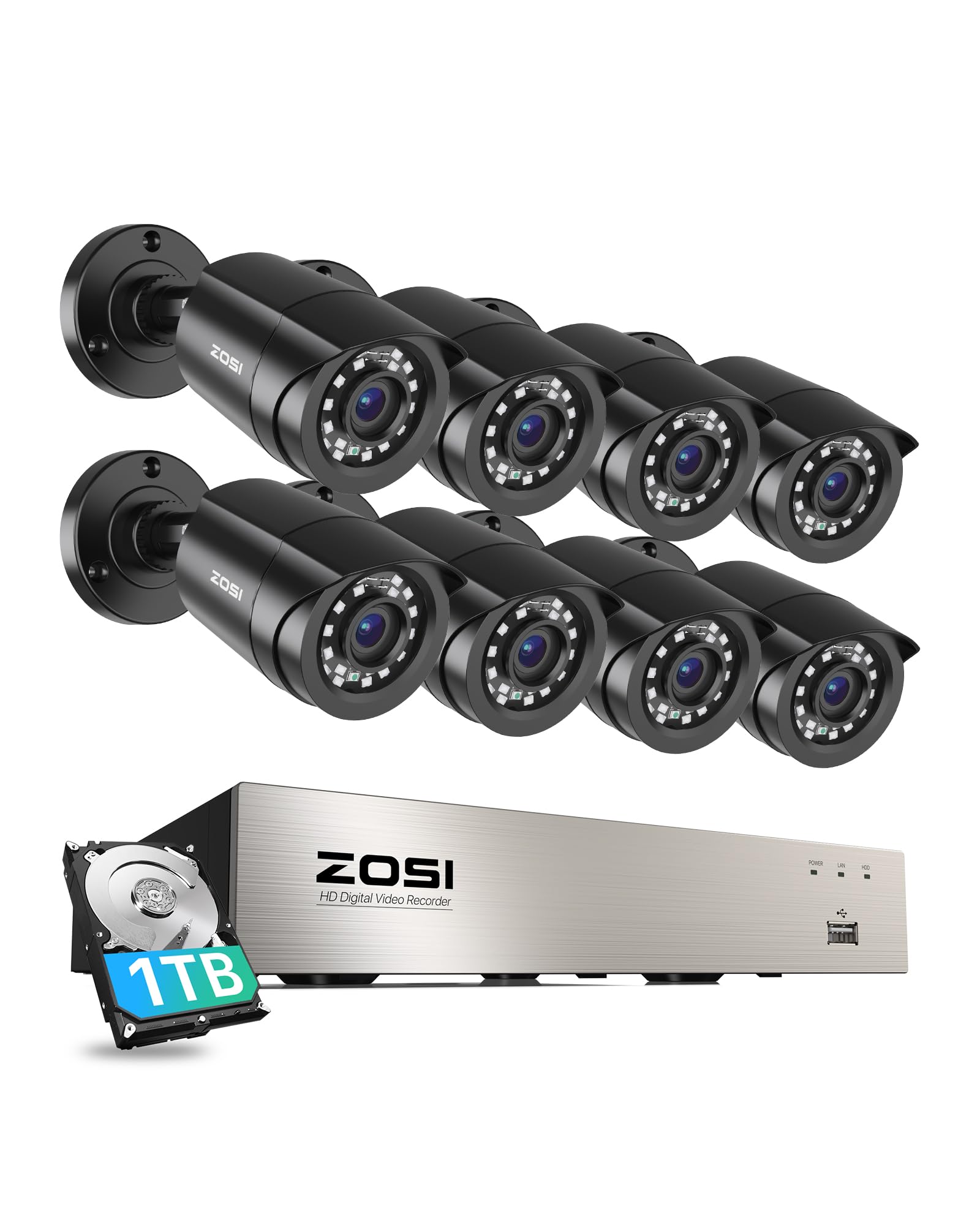 ZOSI 3K Lite 8CH Outdoor Security Camera System with 1TB HDD, AI Human/Vehicle Detection, Night Vision, H.265+ 5MP DVR Recorder & 8X 1080P Weatherproof CCTV Cameras - Ideal for Home, Business & Property Surveillance