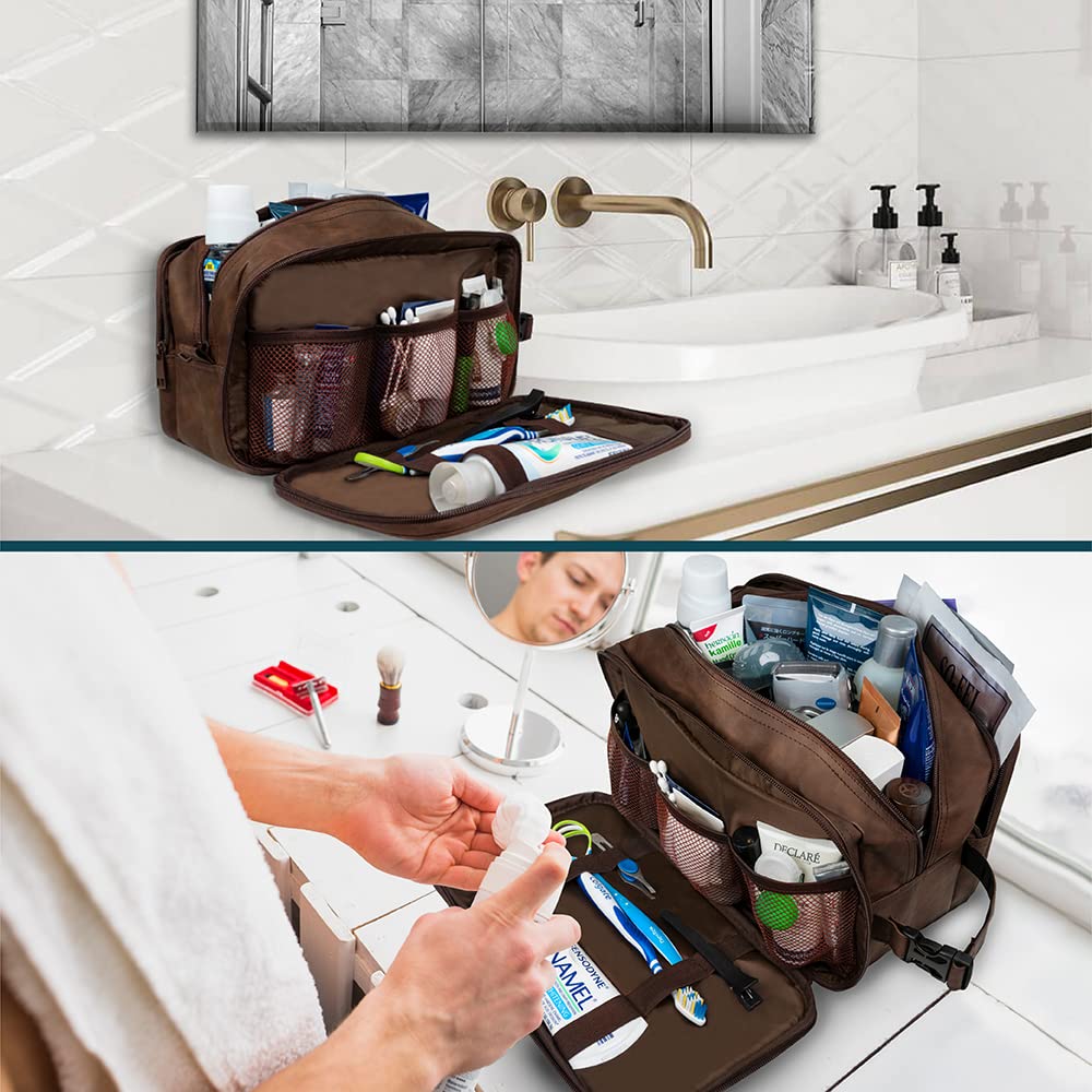 PAVILIA Men's Travel Toiletry Bag - Waterproof PU Leather Dopp Kit Organizer for Shaving, Cosmetic & Grooming Essentials | Perfect for Business Trips, Gym, Camping & Vacation (Black)