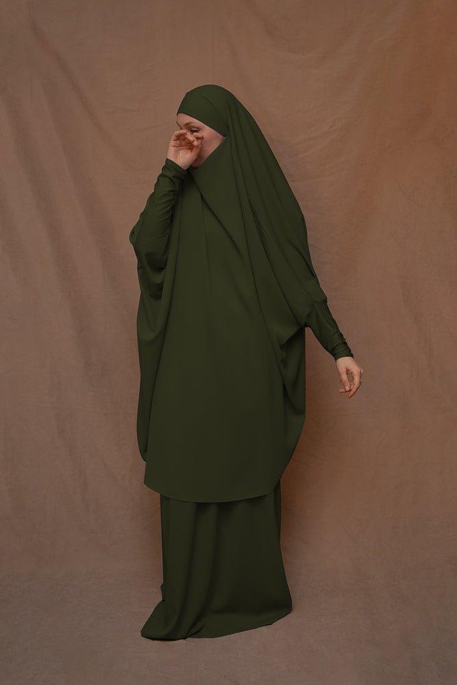 Army Green Moira Prayer Umrah Gown with Niqab - Islamic Modest Dress for Women - Perfect for Hajj, Umrah, Prayer & Religious Ceremonies
