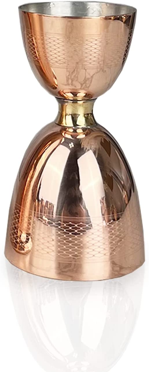 Vintage Inspired Copper & Brass Jigger - Dual Sided 1 oz & 2 oz - Art Deco Barware with Engine Turn Pattern - Perfect for Cocktail Making, Home Bar & Professional Bartending