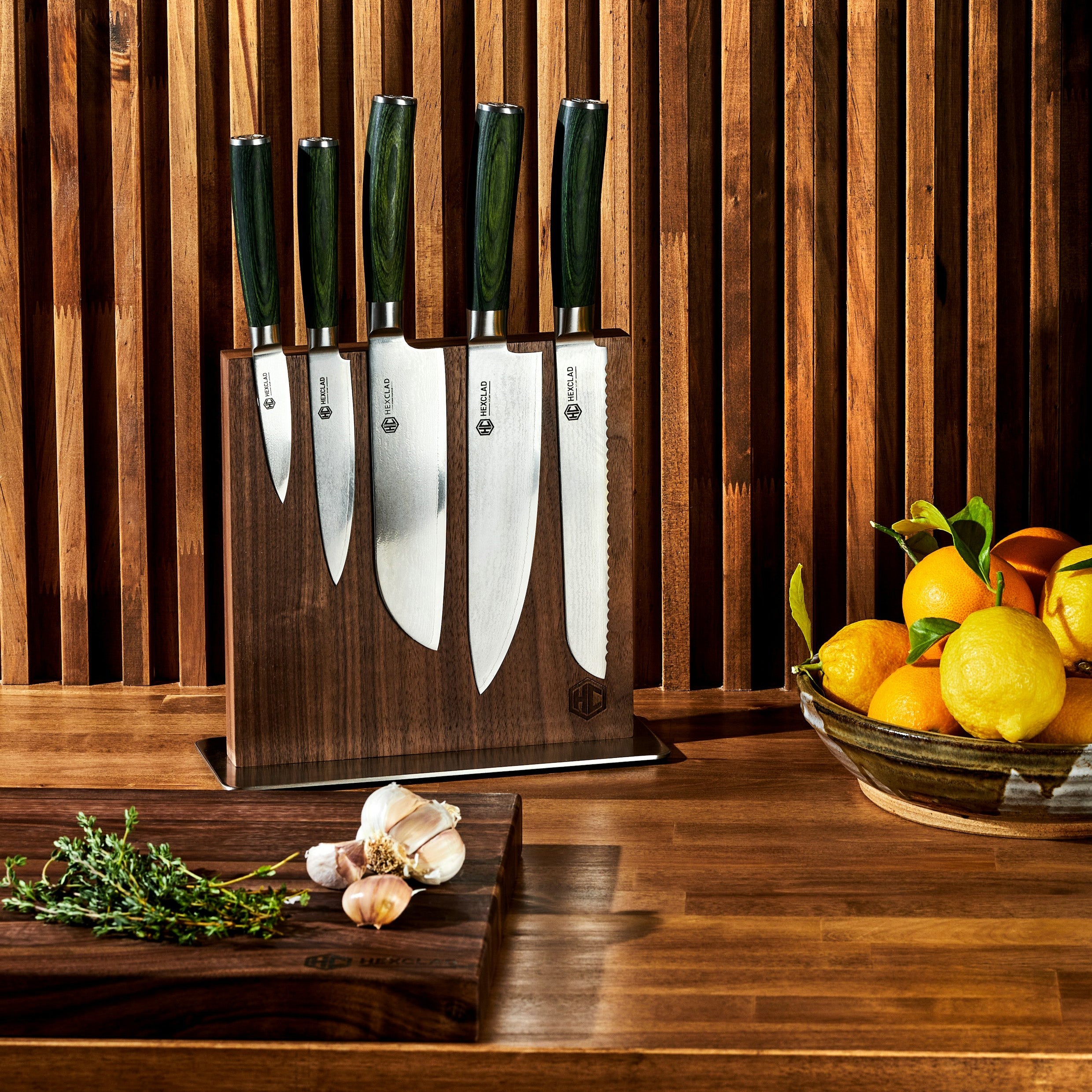 HexClad Magnetic Walnut Knife Block Set - Premium Wooden Knife Holder with Strong Magnets for Secure Storage - Perfect for Kitchen Countertop Organization & Chef Knife Display
