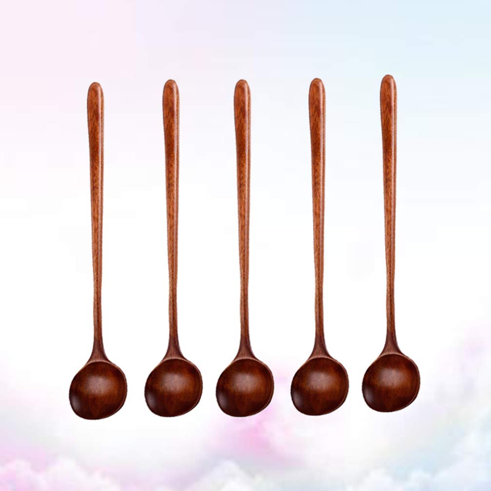 5-Piece Korean Style Natural Wooden Stirring Spoons Set - Long Handle Wood Soup Ladle for Cooking, Serving - Ideal for Home Kitchen, Restaurant & Cafes