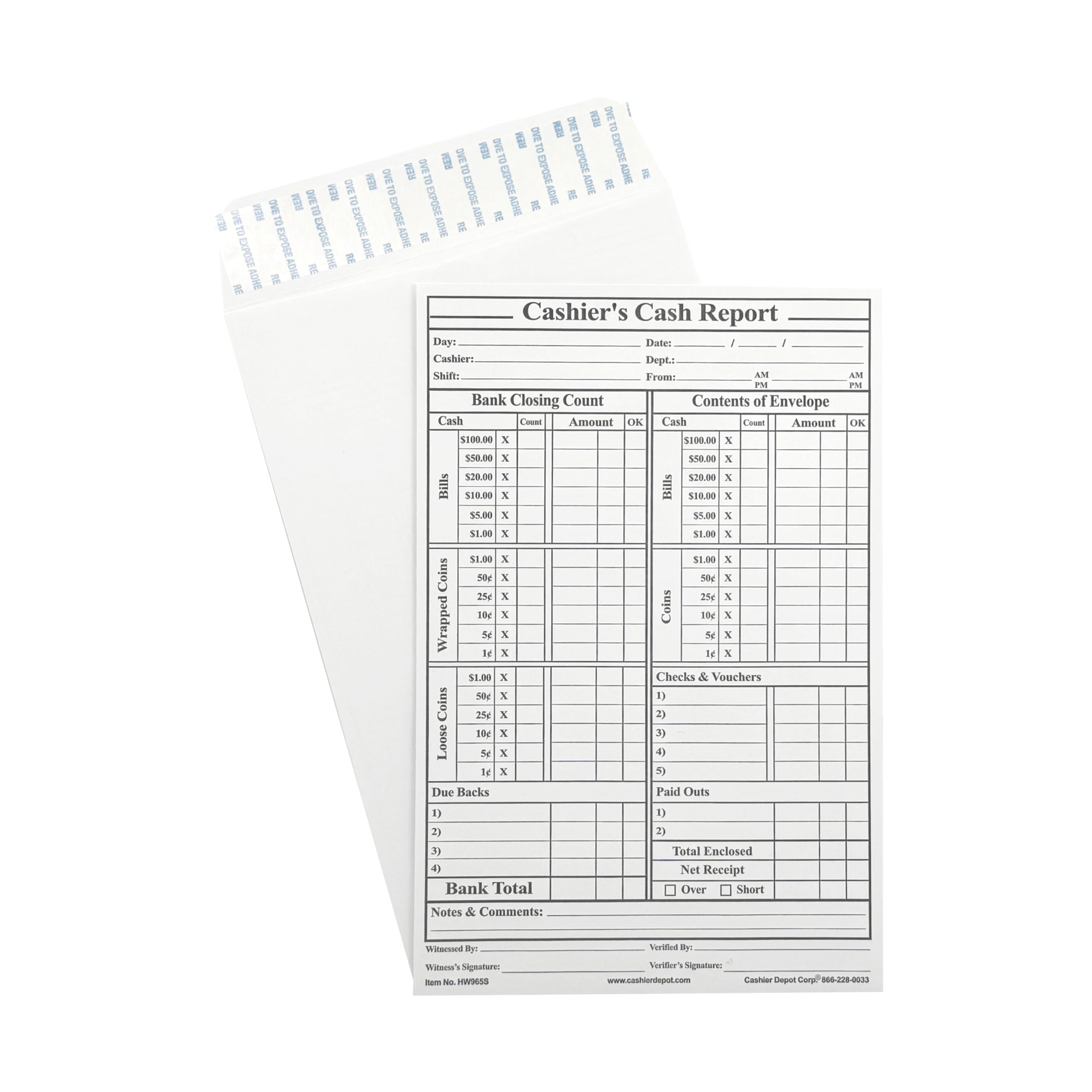 1000 Premium 28lb White Cashier's Cash Report Envelopes 6