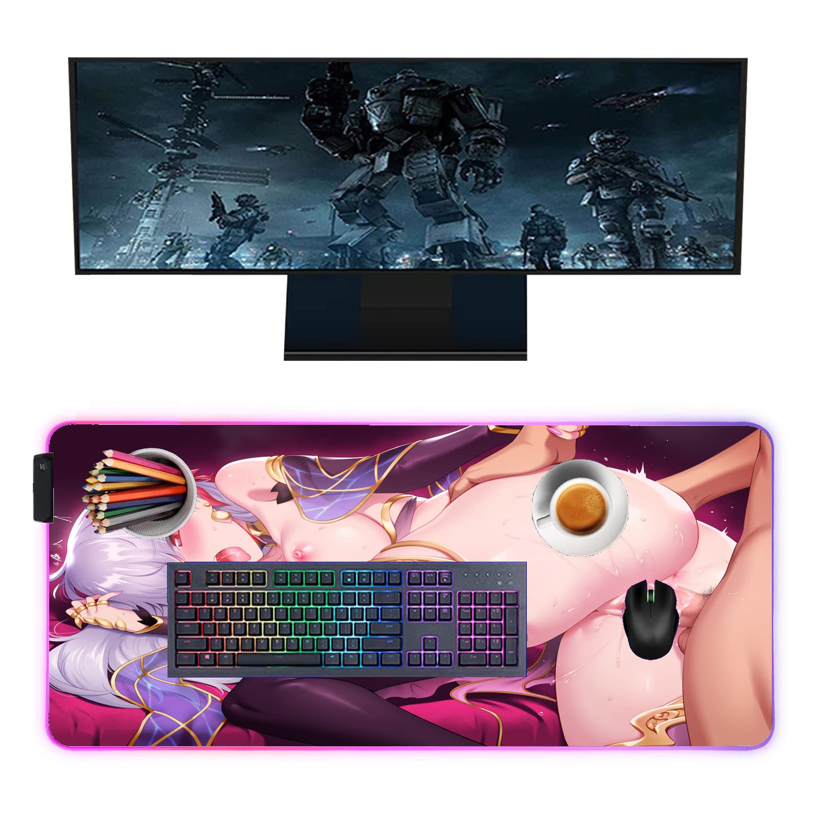 Anime Girl LED Gaming Mouse Pad - RGB Lighting Large Desk Mat (24x12 Inch) for PC, Laptop, Desktop - Perfect for Gamers & Office Work