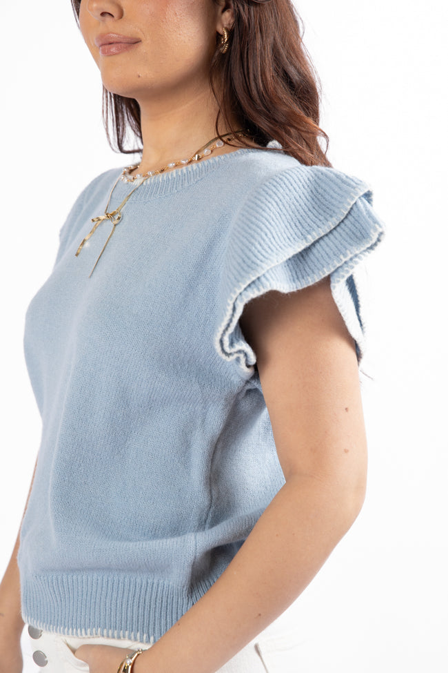 Light Blue Flutter Sleeve Embroidered Sweater for Women - Boho Chic Knit Top with Stitched Details | Perfect for Casual Outings, Date Nights & Fall Layering